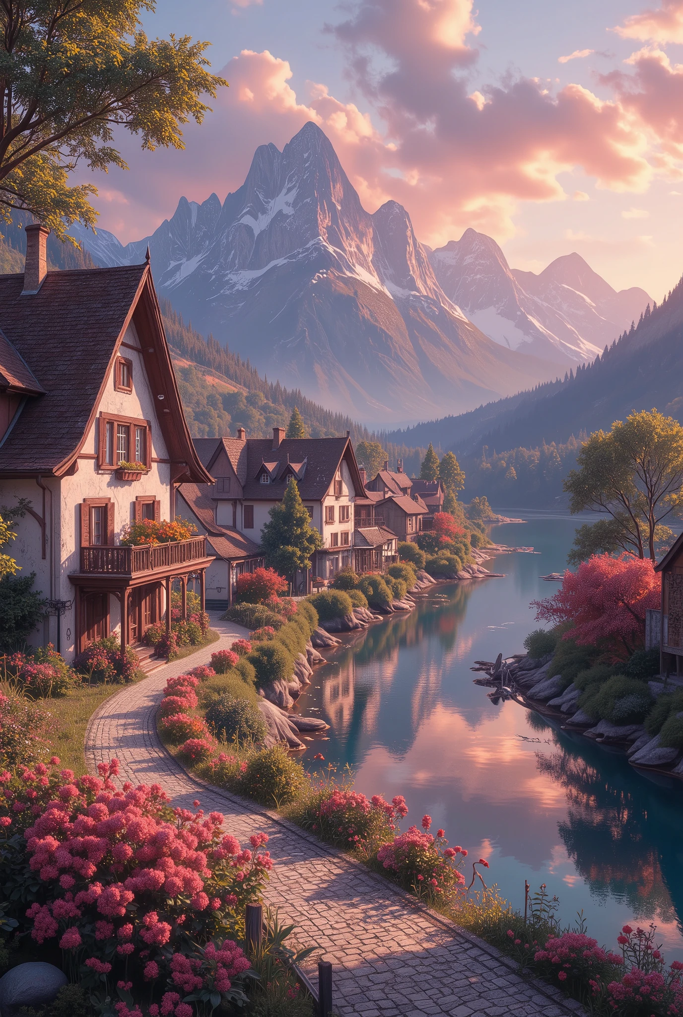 beautiful a small village by the river, mountains in the background, floral flowers colorful, detailed landscape, Beautiful natural landscapes, atmospheric lighting, scorching sunset, warm colours, practical, photopractical, Detailed Foliage, complex buildings, cobblestone street, Charming country house, swirly vibrant colors, lush vegetation, Still water reflections, Picturesque, idyllic, work of art, best qualityer, 8k, extremely detaild,anime styling
