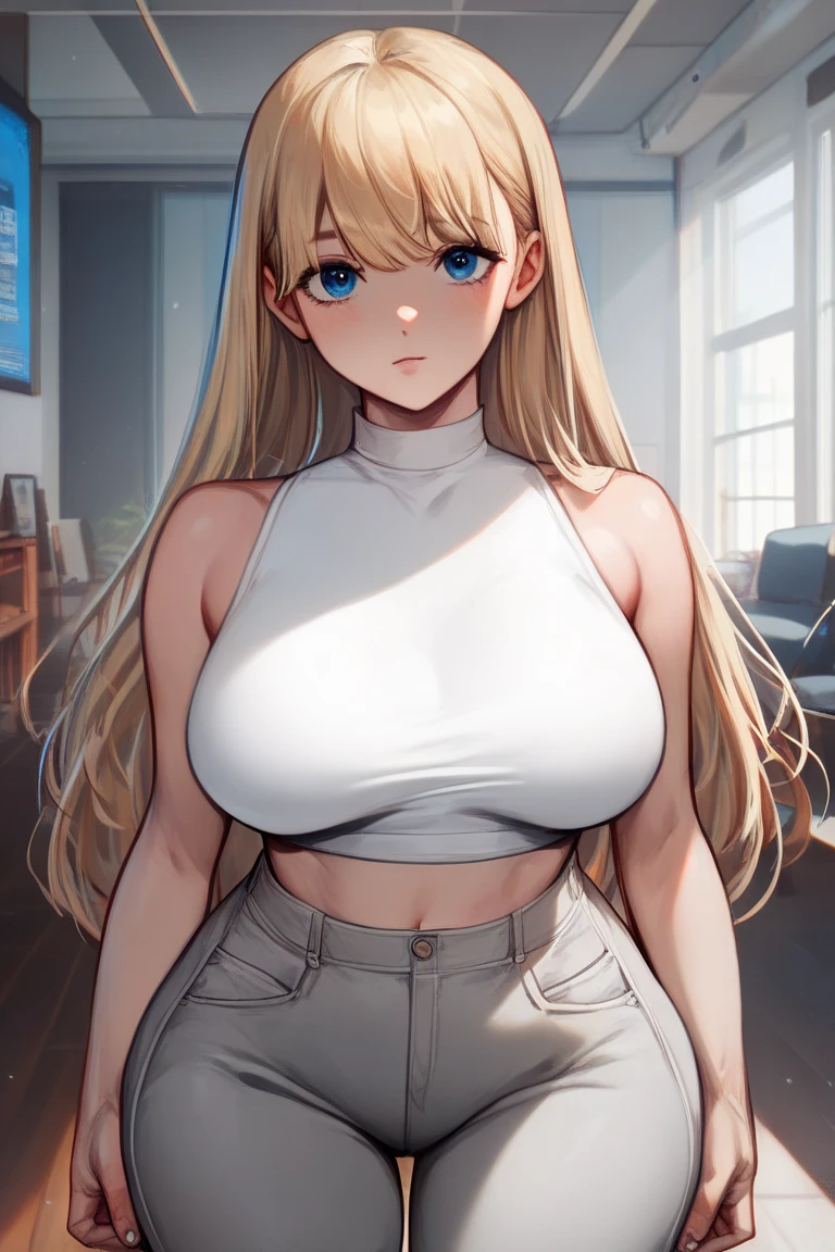 pov_doorway, masterpiece, best quality, 1girl, solo, (pcsaren), standing, hair bow, hair ornament, blonde, blunt bangs, breasts, looking at viewer, masterpiece, best quality, cowboy shot, high ponytail, black crop top, (short sports pants:1.2), cameltoe, (sweat:1.1), sweaty wet transparent clothes, (pokies:1.3), door open, entrance, front door