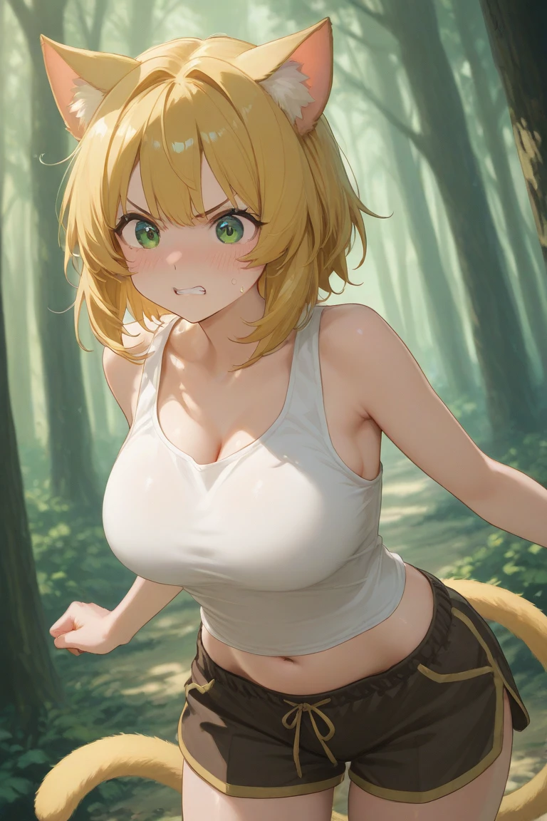 masterpiece, best quality, highres, 1girl, solo, animal ears, short hair,bangs,beige hair, tail, small round & firm breast,blue eyes, white panties, cleavage, white cropped tank top,abs:1.2, (((upper body))), standing, ((Cinematic lighting)), perfect anatomy, night light,(forest:1.4),