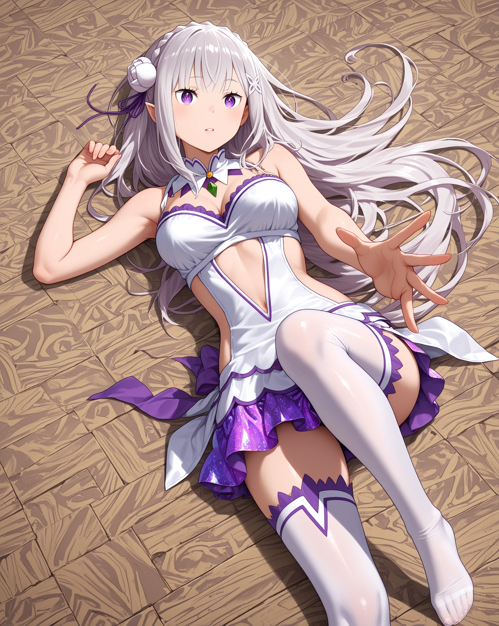 Highest quality, masterpiece,White Hair, Purple Eyes, Purple kimono, Exposing shoulders, ,Fair skin, Long Hair, Long Bangs, Small breasts, Confused eyes, snow, sexy, Cemetery, Cross Grave, jitome, seductive smile, Leg lift, stretching, half closed eyes, Off Shoulder, ass pov