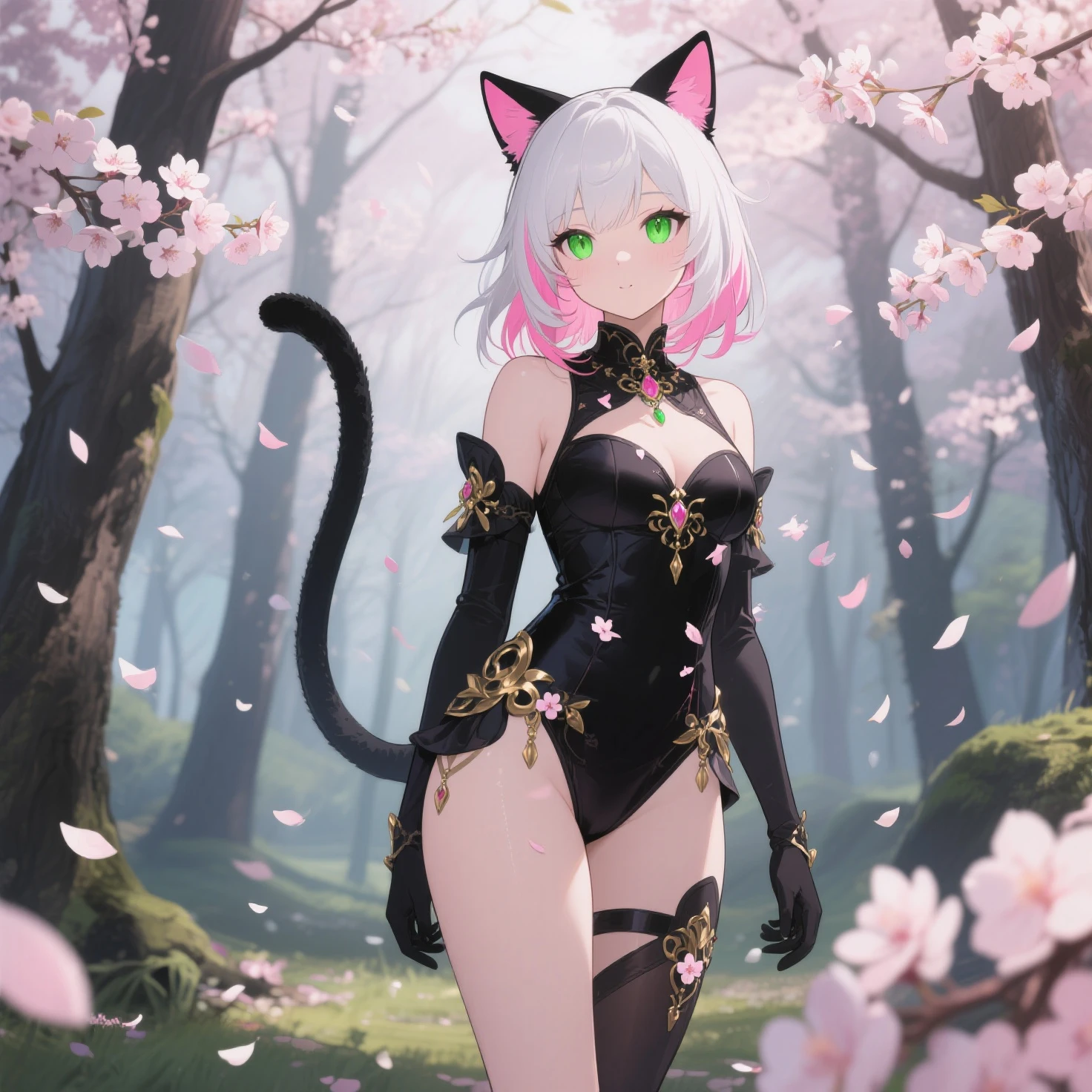 Y'shtola Rhul, FFXIV, Final Fantasy XIV, Black Mage, (((anime))), ((masterpiece, best quality, (sharp photo:1.4), (illustration:1.1), 8k wallpaper, highres, hyper-detailed)), (((medium breasts))), ((slender)), ((thin)), ((tall)), (1girl), mature lady, milf, (solo), noble, looking at viewer, ((bukkakAI)), witch, nsfw, (nipples out, breasts out), dressed, black_dress, off-shoulder, cleavage, black_footwear, black_boots, fur_trim, black_knee_boots, cat_ears, cat_tail, dress, long skirt, zettai ryouiki, miqo'te, short_hair, white eyes, <lora:yshtolaFFXIV_v1:0.6>, (full body), ((bukkakAI)), calm, closed_mouth, jungle, standing, focus on girl, cowboy shot