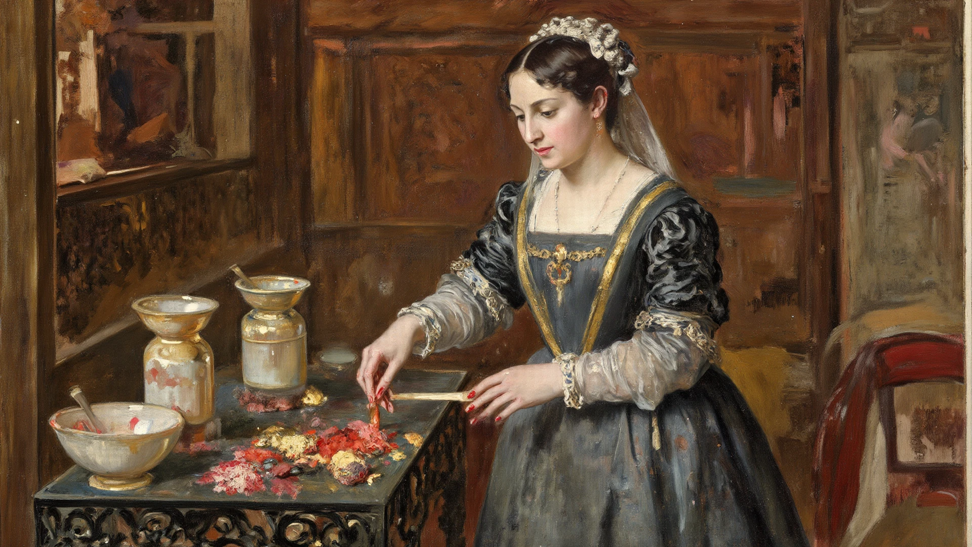 Oil painting, 16th century, servant girl