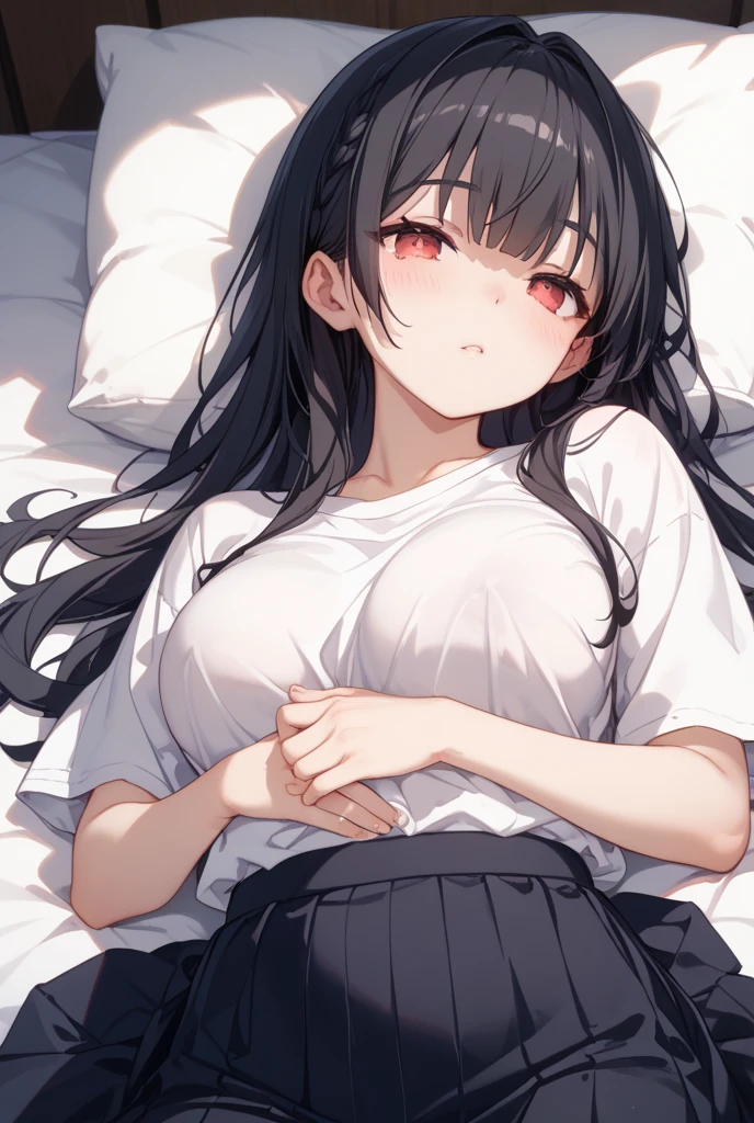 1girl, mature women, realistic skin,perfect ,black hair, long hair, (hair over one eye:1.4), messy hair, hair between eyes, saggy breast, pajama, cute shy blush on , bedroom 