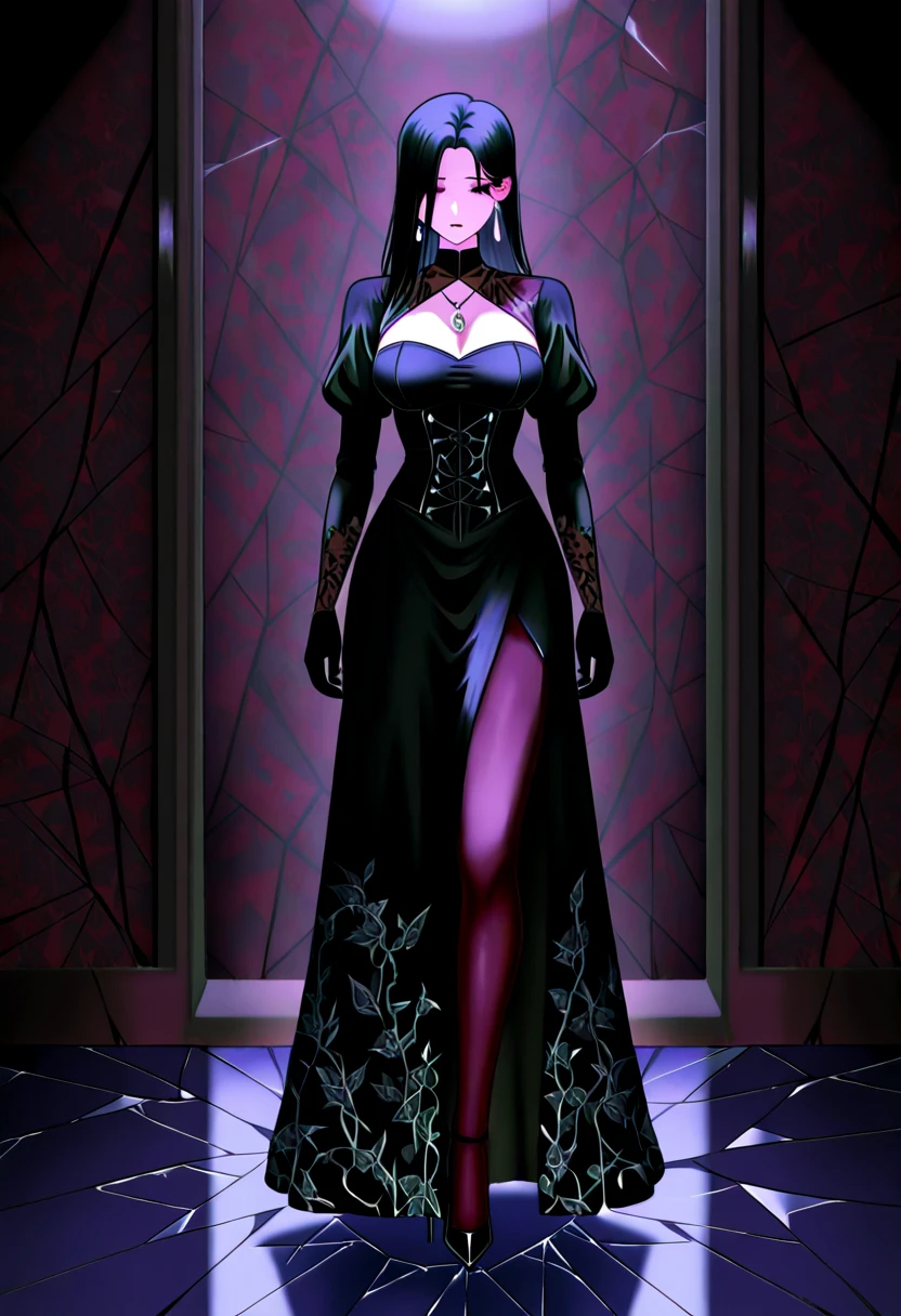 Cheveux courts, long robe, chiffons noirs, tomboy, cheveux noirs, maquillage, Goth, verre,sein moyen, christian, Croix latine, seul, forest, full clothed, victorian cloths, long skirt
