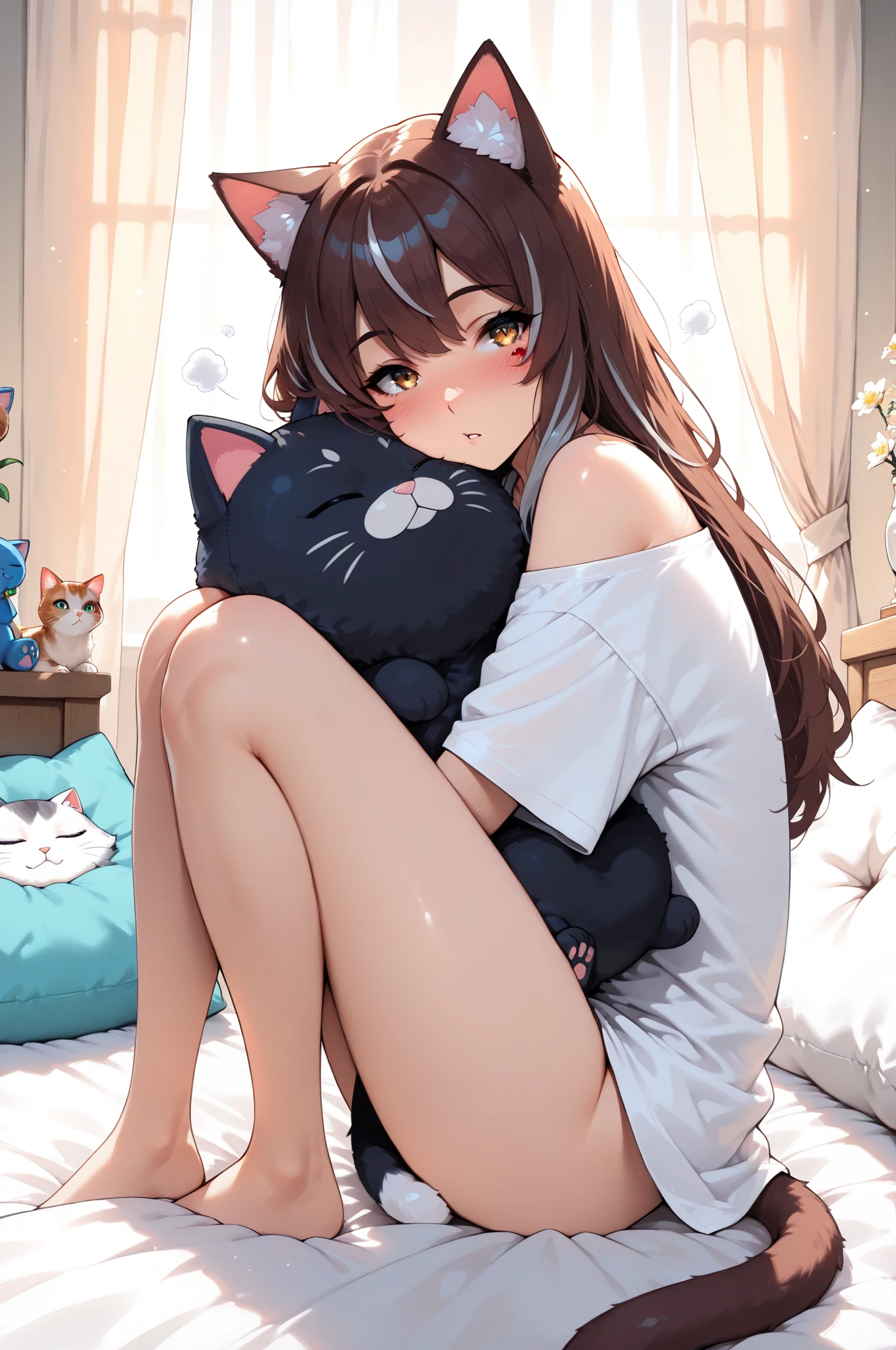 masterpiece, best quality, 1girl, solo, <lora:Microskirt_Girl_v5:0.7:lbw=MIDD>, sitting, (hugging a white cat, looking back at viewer:1.5), bedroom, from behind, ass, (surprise:1), (large breasts:1.5)
(bare legs, barefoot, sleeveless shirt, high-waist skirt, pink skirt, black corset, black hair, long hair, asymmetrical bangs:1), (lowleg panties, micropanties, side-tie panties, ass:1), (thong:1.5), black eyes,