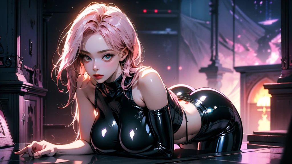(highest quality:1.2), a 20-years-old girl is kneeling, connected to machines with many wires, looking up the ceil, a photorealistic cute gymnast, beautiful face, European face like a doll, open mouth with surprise, blank eyes, soul-less face with no emotion, Short-cut pink hair, full body portrait, wearing long sleeve leotard,tight-fitting colorful and extra shiny leotard, wearing colorful pantyhose