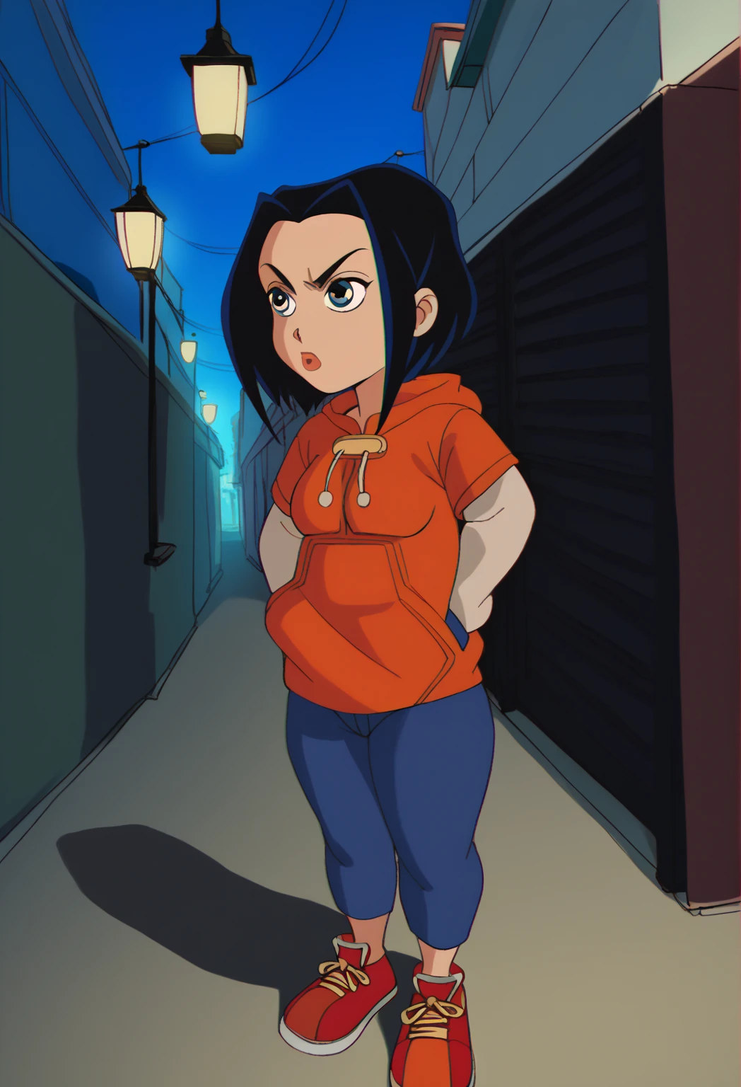 Curvy blue eyed girl with long wavy black hair and small breasts, (cruel_expression):4.0, lewd:2.0, (pubic_stubble):3.0