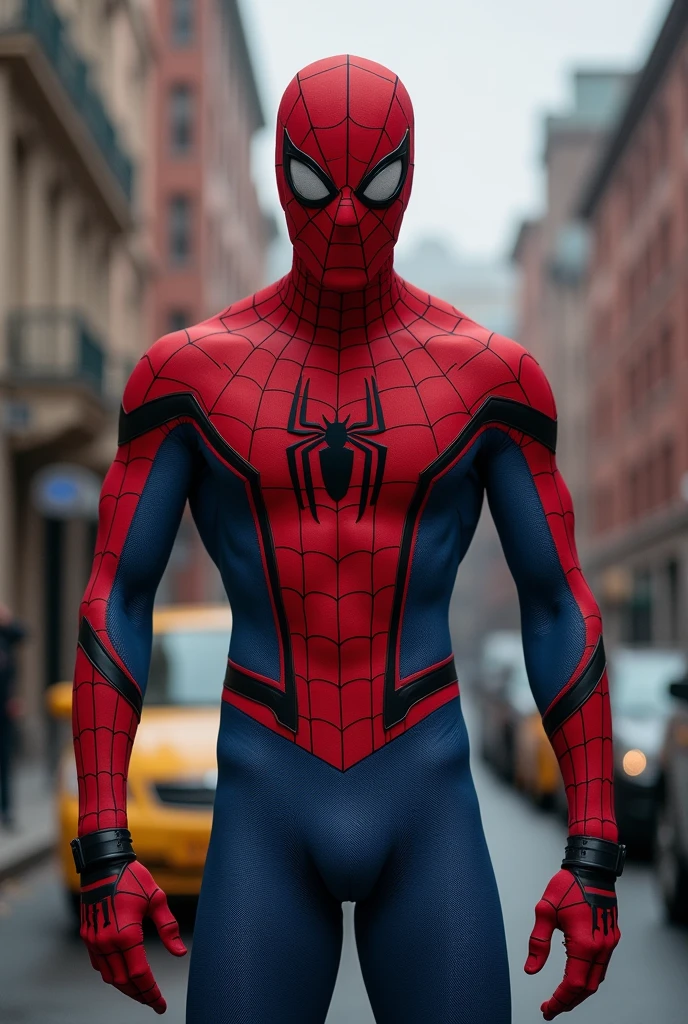 Realistic, detailed, Luffy one piece wearing Spiderman suit, standing, full body