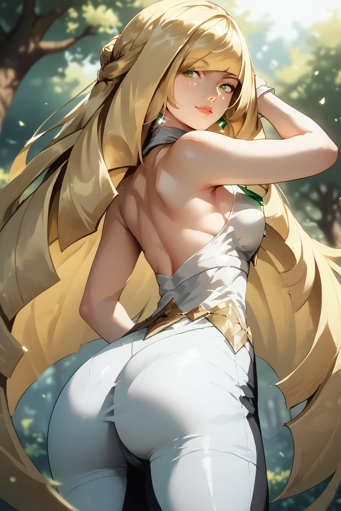 kissshotms, from behind, nude, big breasts, big butt, forest, moon background, red sky, night cityscape, (best quality, 4k, highres:1.2), anime, drawing, portrait, vibrant colors, soft lighting, strong shadows