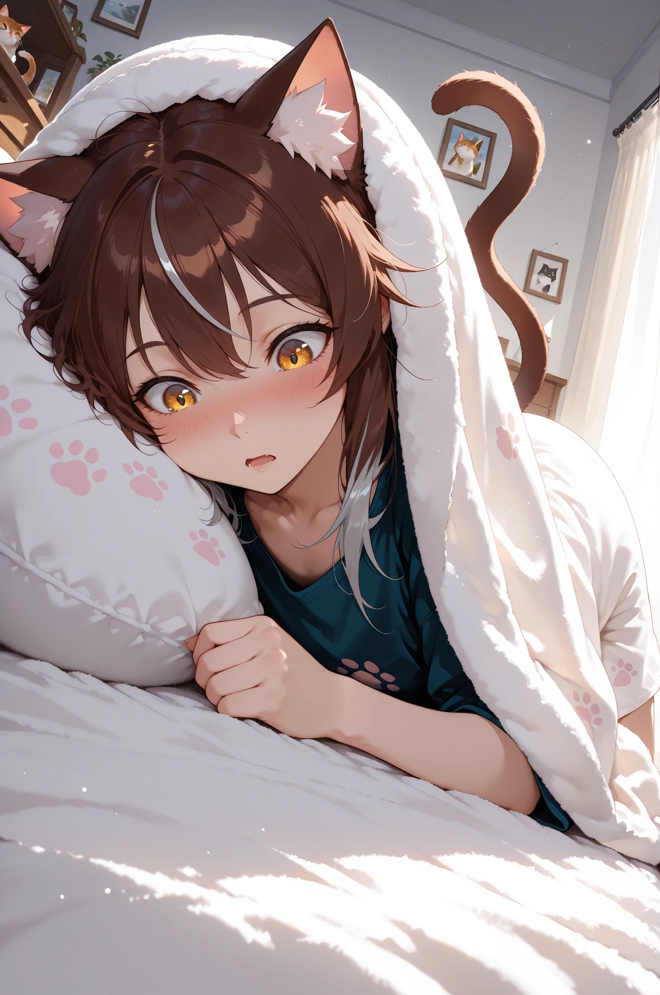 ((highest quality)), ((masterpiece)), (detailed), Perfect face brown hair Cat ear Wolf Cut Wearing a hoodie
Fever and lethargy Lying on a futon Sweating and getting your clothes and bed wet Lying on one's back