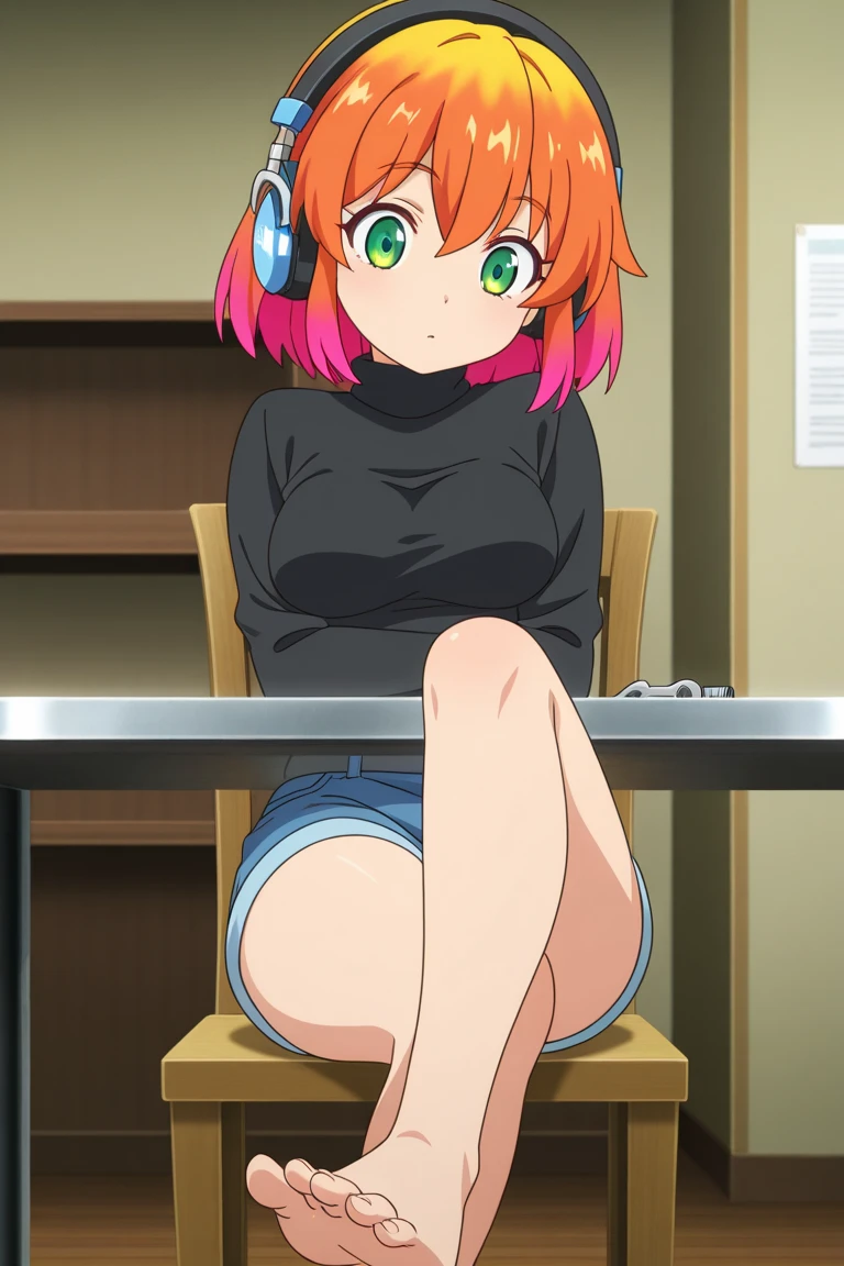 1girl, solo, upper body, facing viewer, looking at viewer, smile, ERZASCARLET, BARE SHOULDERS, 8K, best quality, perfect quality, gaming room, 1 girl, sexy, short hair, underboob, sitting on gaming chair, wearing a gaming headphones, holding a controller, looking sexy, thick, no panties, perfect ass, waifu, waifu material, fishnets, playing game, eating snack,