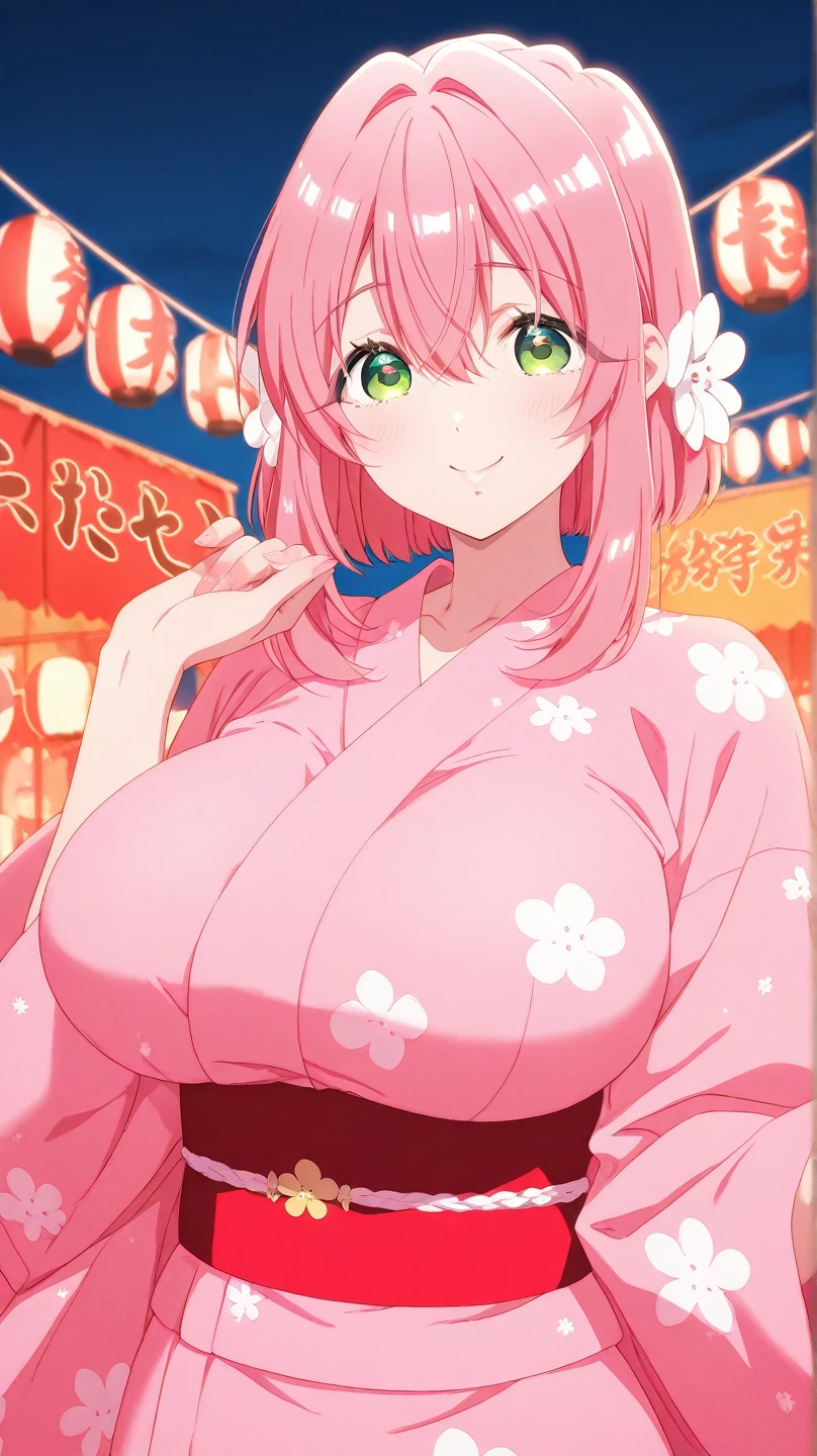 best quality, insanely detailed, nino nakano, kimono, breasts, blush, outdoor background, smile, pussy, spread legs