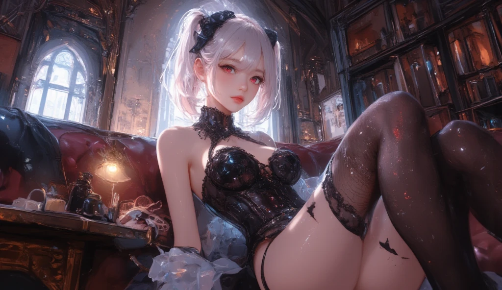 lectern, bodystocking, Kizi, school uniform, school skirt,Open clothes, Breasts,Panties exposed,Bras can be seen,The bra is exposed,Leg to knee,White color hair,Tattooed with,The demons,has horns on its head,Blushing,Bats fly around,the night,rosette,rays of moonlight,8K,Semen on the face,Lewd expression,exposed ,Exposed genitals,Succubus Pattern