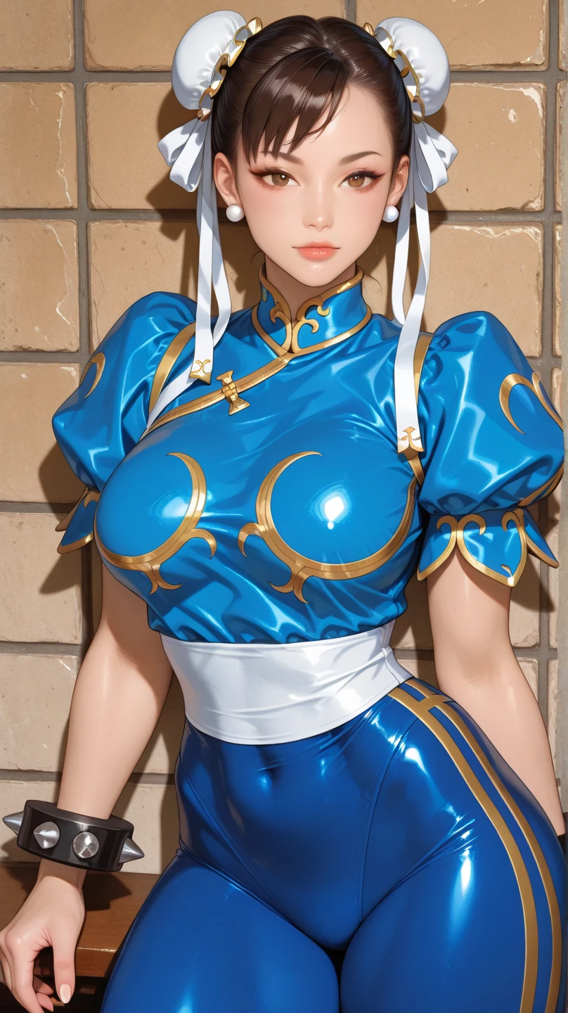 1girl, brown hair in high ponytail, strands of hair sweeping across the forehead, green eyes, pale skin, trained body, blue ribbon tied around the waist, standing with a relaxed posture,セクシーな民族衣装