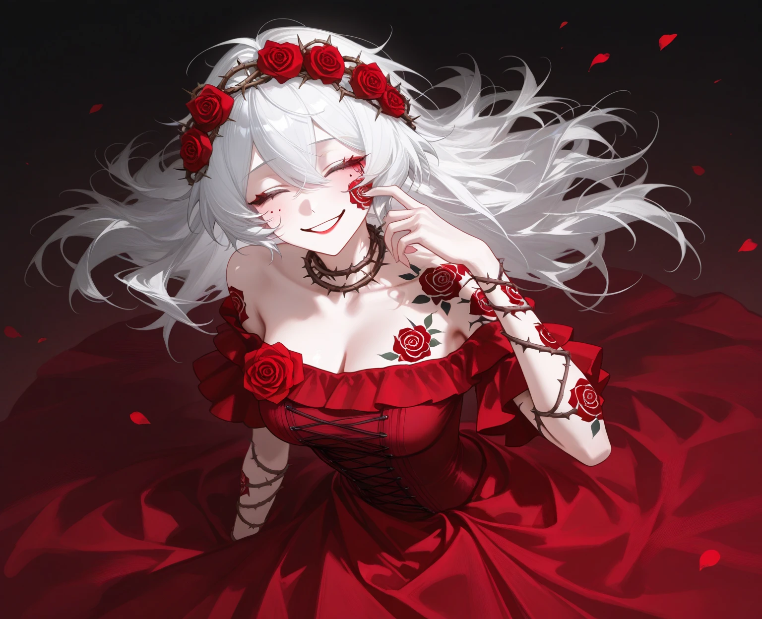 masterpiece, best quality, an extremely delicate and beautiful girl,an extremely delicate and beautiful, world masterpiece theater, ultra-detailed, highly detailed, best quality, white hair, highres, extremely detailed, 1 girl, best quality, illustration, looking at viewer, impasto, canvas, oil painting, realistic, realist ,real, Crimson eyes, with a swastika mark in the pupil, Close-up of a young woman sitting on a stone throne surrounded by a blood-red mist, Queen of human, human queen, Anime Girl, Goddess of the world, 144cm tall and holds a golden scepter, Beautiful Queen, Queen of the world, wonder Girl, witch, Queen of Darkness, blood mist Goddess, Beautiful girl, hd image, Beautiful sparkling eyes, deep sea eyes, Goddess of Death | medieval, Blood mist, medieval, Ymir possesses an ethereal beauty, with her flowing white hair and captivating ruby eyes that sparkle like precious gemstones. Her frame exudes a delicate grace, reminiscent of a fairy from a timeless tale. Her porcelain skin, as smooth as a peach blossom, enhances her pure and innocent allure, evoking the image of pristine snowflakes, captivating and enchanting. Her beauty transcends her physical appearance, radiating a gentle warmth and kindness that touches the hearts of those around her, Wear discreet clothes