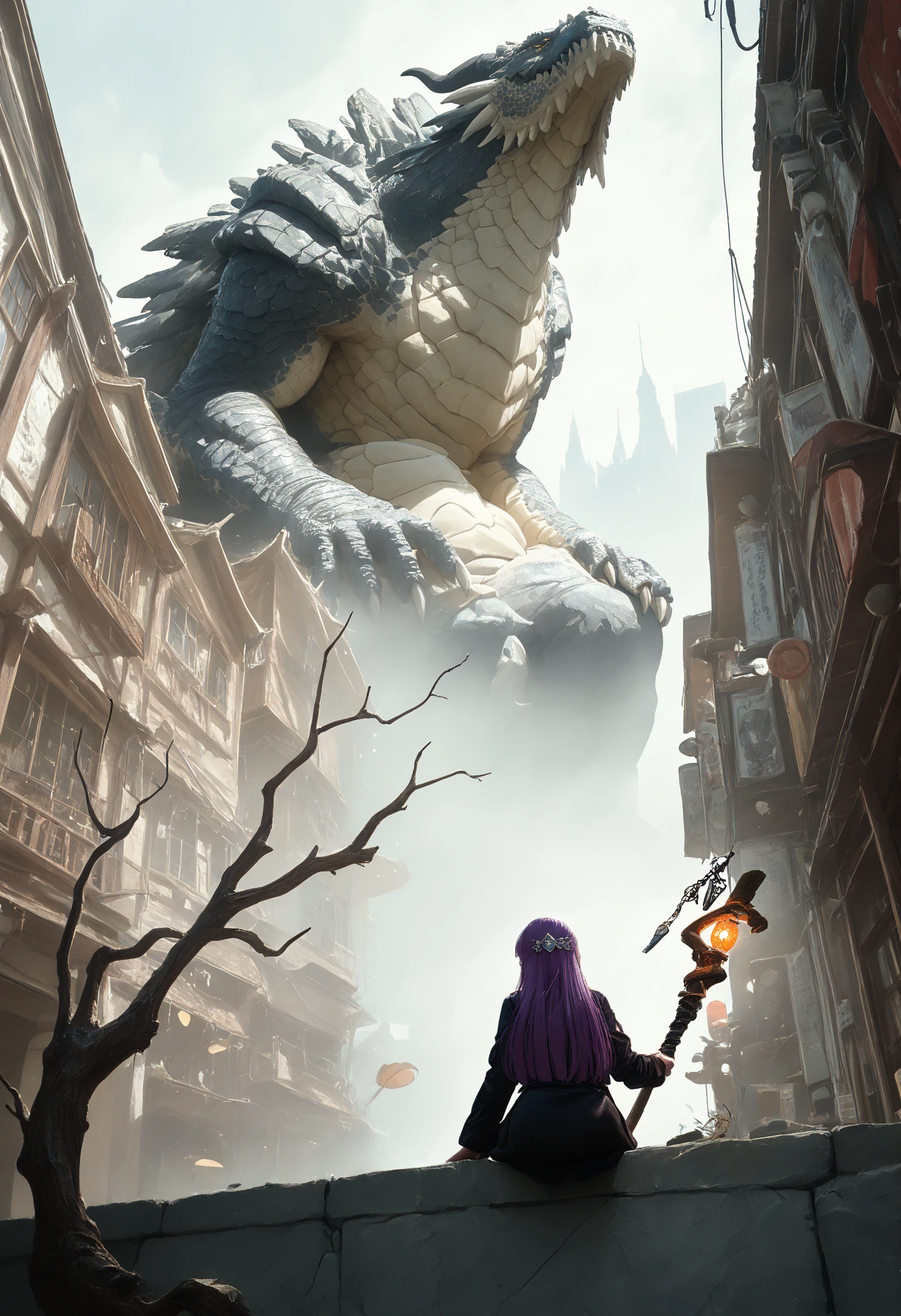 A girl,with legs hanging ,sitting on a ledge,height,Japanese city, street lamp ,,with her back((montruo flying en el cielo)),giant monster,Dragon gigante,alas,scales,(flying),(  obra maestra,   best quality), safe,  bangs of incredible quality ,    very aesthetically pleasing, absurdities, Highres,   newest  , HDR-10, 8K,   Arte de color RAW de alto detalle ,    large pupil   ,   eyelashes,   Arte de color RAW de alto detalle  , impressionism, Focus on the movement ,   instant capture  ,   Aesthetically Beautiful  ,    beauty of shapes,obra maestra,high resolution,Sousou fern doesn't freeze,purple hair,portrait photograph,very beautiful woman,True to the anatomy of the body,wooden staff,magic staff,staff from a thick branch,versus,contenders,enemies,showdown