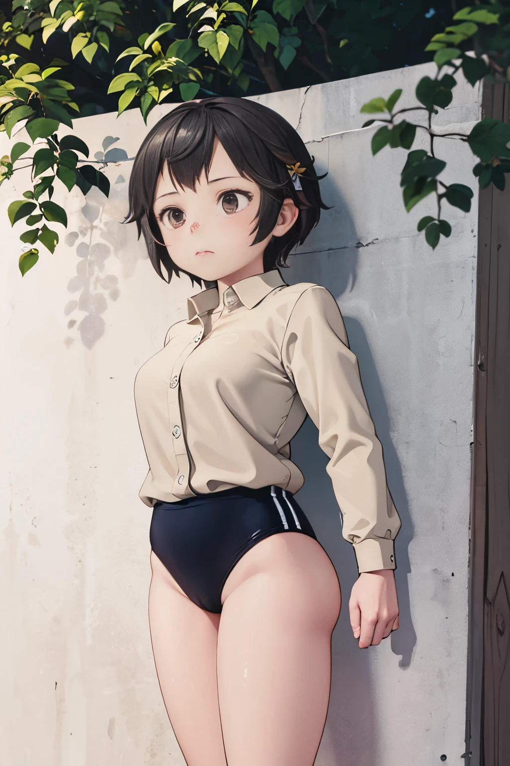 (masterpiece, highest quality), 1 girl, beautiful face, beautiful body, wearing a Black gymnastics bloomers, High leg、white blouse, cowboy shot、Are standing、full body portrait、alone, complex details, enlarged textures, complex details, finely detailed eyes and detailed face, intricate details, (closed mouth), perfect eyes, equal eyes, perfect body, extremely detailed, (), extremely realistic 3d,In a dark forest、