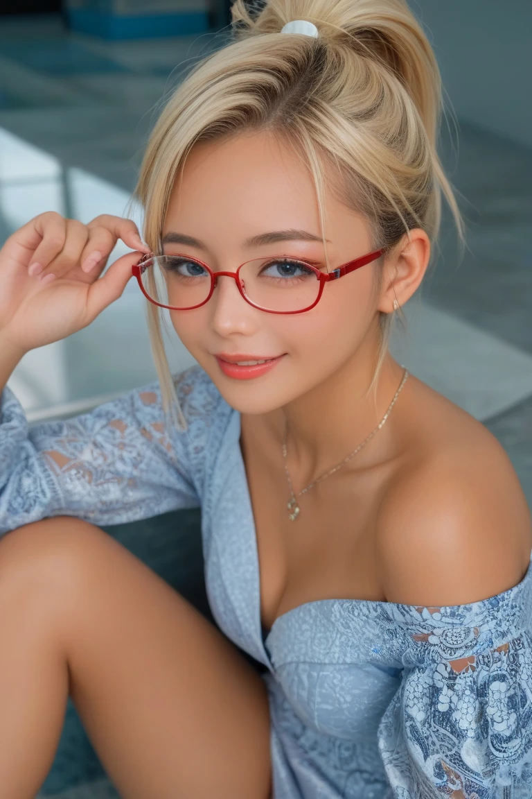 (all fours), (Looking at viewer), (Highest quality), (Ultra-high resolution), (Realistic), Japanese, 1girl, cute, embarrassed, japanese style room, blonde hair, lipstick, eyeshadow, eyeliner, blushing cheeks, choker, red frame eyewear