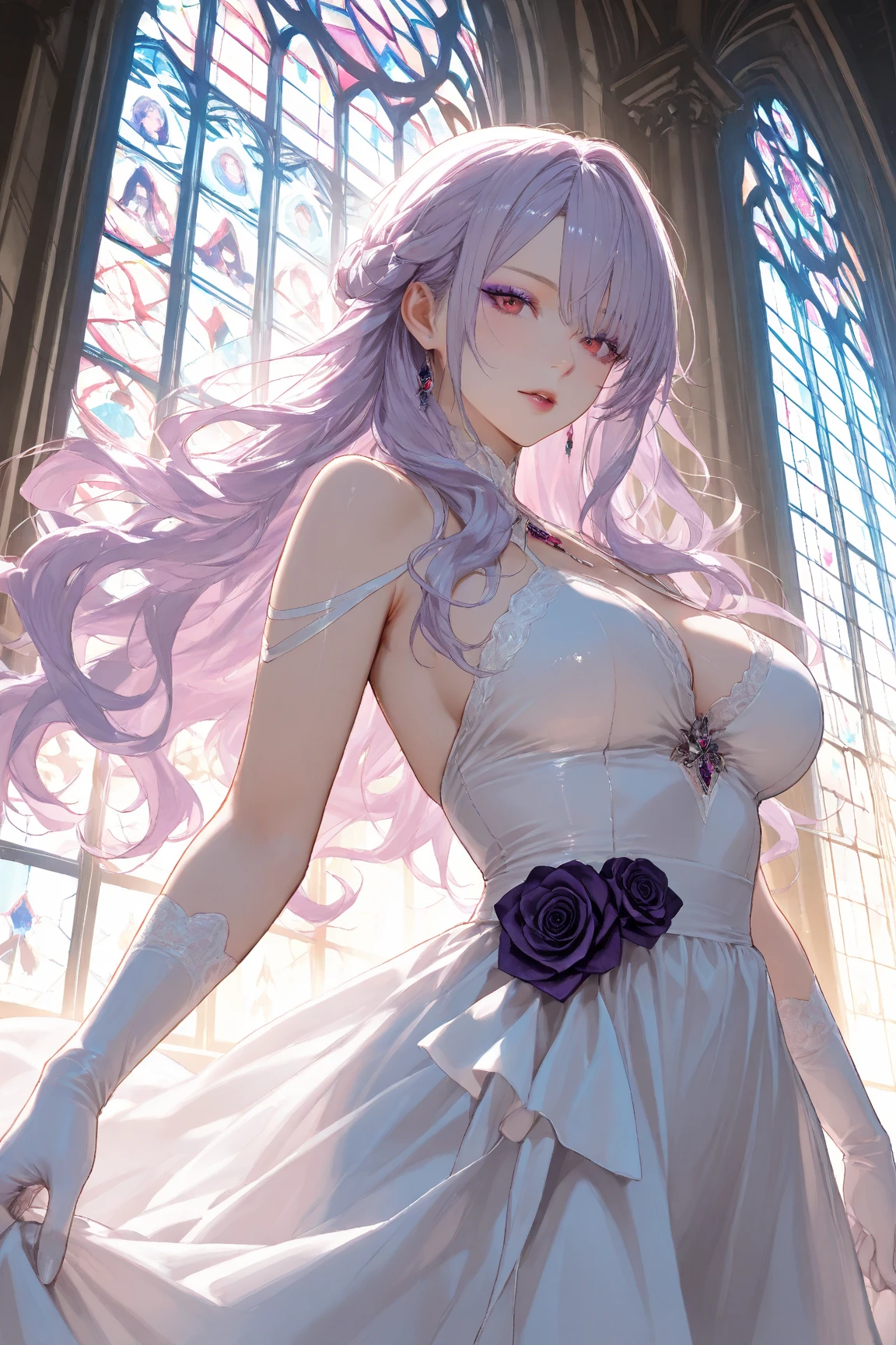 Extremely long white hair, purple eyes, dreamiest female figure, gorgeous teen girl. white strapless wedding dress. Untra 8k.