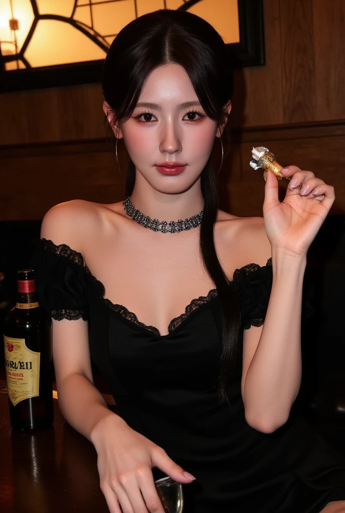 (it is) , Ryoko Yonekura alone at a nightclub, Surrounded by blurred figures, Holding a glass, pour wine on one&#39;s body, Her eyes are fixed on the viewer, Take them to the scene, Big Ass, Muscular body, Wet body, White and glowing skin, Black transparent stockings, High heels