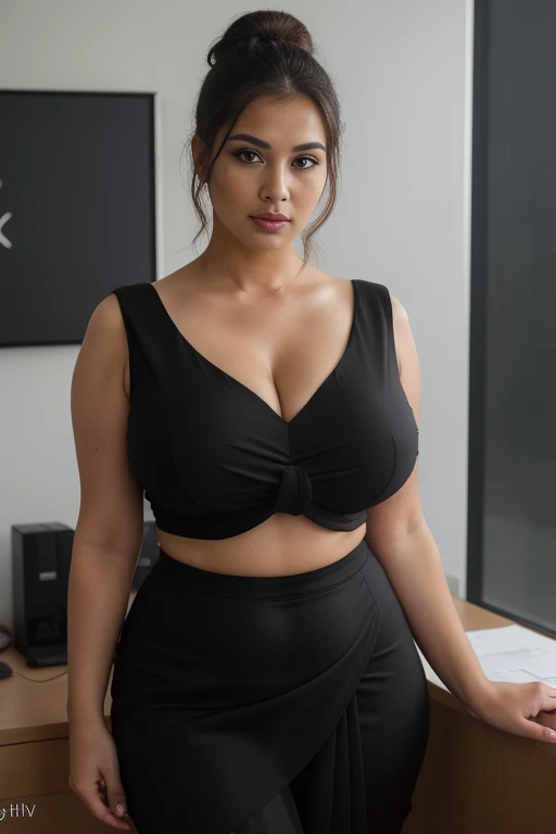 Indian women,30 year old,pretty face,big and voluptuous breasts, gigantic and enormous butt, thickest thigh,huge knockers,widest hips, lowest waist,slim tummy, wearing a long black body gown and a blouse,long wavy black hair, at wedding hall