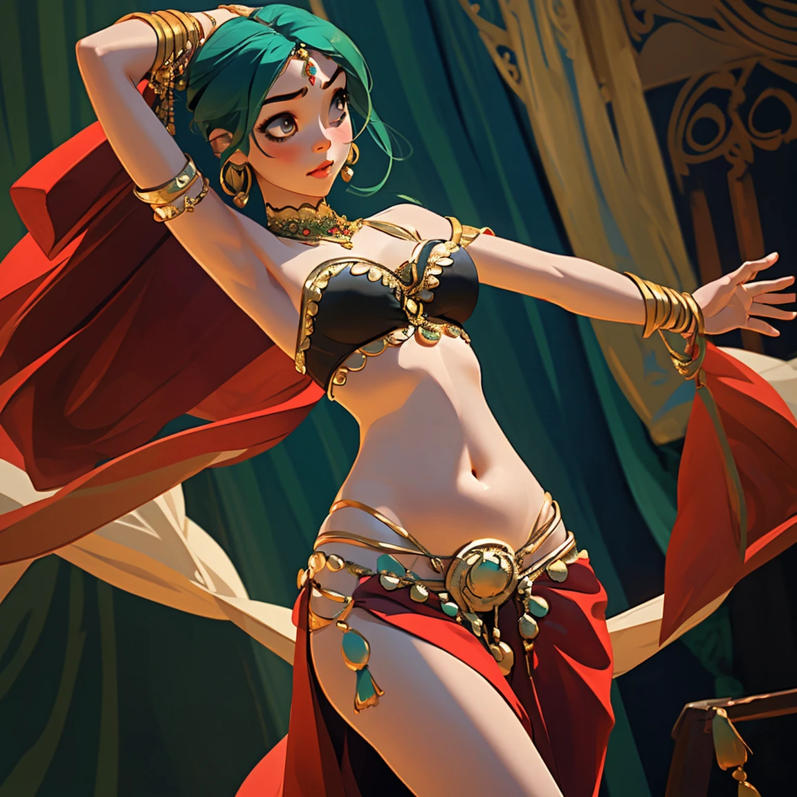 redhead, dancer, bellydancer, belly dancer, green eyes, beautiful<, desert, night, tent, mystic, incense, moonlight, masterpiece, hd, detailed, veil, transparent long skirt
