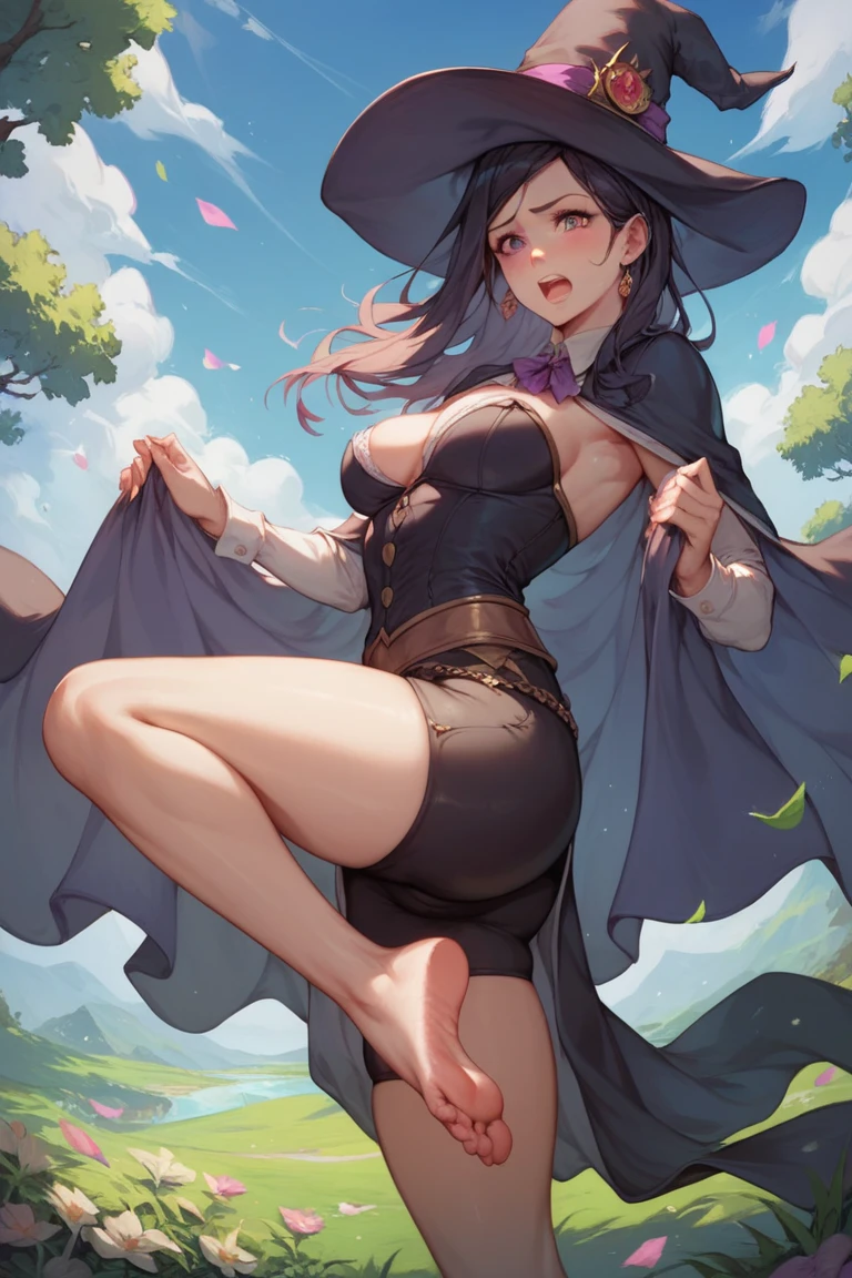 (((masterpiece))), ((highest quality)), (Very detailed), ((High resolution)), ((8k)), (Anatomically correct), One Girl, Small breasts, Dark chestnut hair, Long twin tails, Sweep Tosho(Horse Girl), Letting down your bangs, Very cute woman, delicate, Charming smile, Lilac eyes, Best moment, Beautiful Skin, Cute Face, delicateな腕, Detailed skin texture, Intricate details, Very detailedな顔, Beautiful Eyes, Beautiful standing posture, Butterflies fluttering around, A full moon in the background, Night garden, View your viewers, A big smile, like dancing, Dressed like a witch, The audience is watching from below, (Wearing sexy black panties),