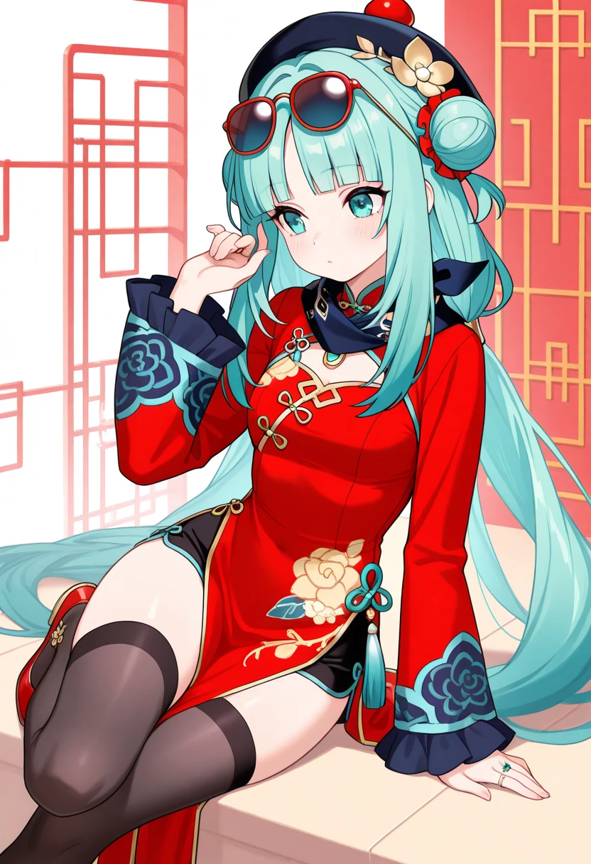 Zhezhi, twintails, multicolored hair, glasses, hair ribbon, chinese clothes, white pantyhose,