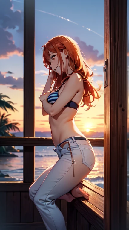 realistic, best quality, 8k uhd, dslr, soft lighting, high quality, film grain, Fujifilm XT3,
(close up, from directly above), Edgy girl, dark orange bikini, white sneaker, transparent underwear,platinum colorful hair color, ponytail, dramatic makeup, piecing, (nighttime, dark city), neon signs, individuality, authenticity, creative expression,
rooftop swimming pool,