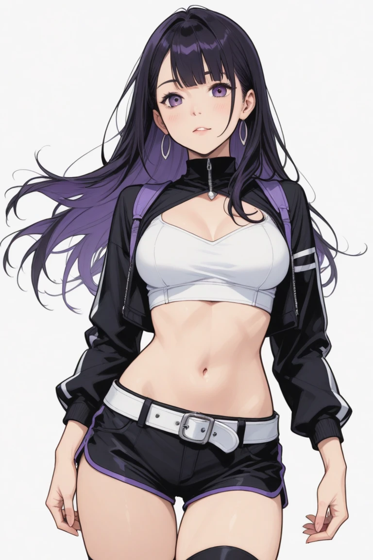 ((8k,masterpiece, best quality, highres)) 1Woman, Big breasts, Detailed body, sexy, purple eyes, purple long hair, big thighs, purple witch hat, purple jacket, black gym crop, black gym shorts, Sensual look, sensual body, hot, Taking down the shorts showing the panties(cartoon-style bold line work:1.2), vibrant colors, cel shading,