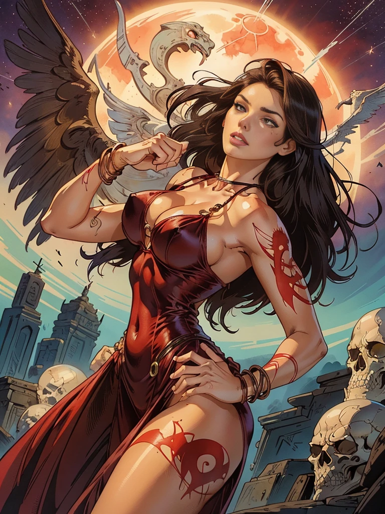 Demon with wings, beautiful Latin woman, long wavy black hair, tanned skin, seductive face, large and expressive eyes, spectacular body, wears a thin, transparent red tunic, displays huge wings below the waist of beautiful and dense black plumage, background , torments. Bright red and ocher colors, blurred background, realistic, hyper-realistic image, high-resolution photographic quality.