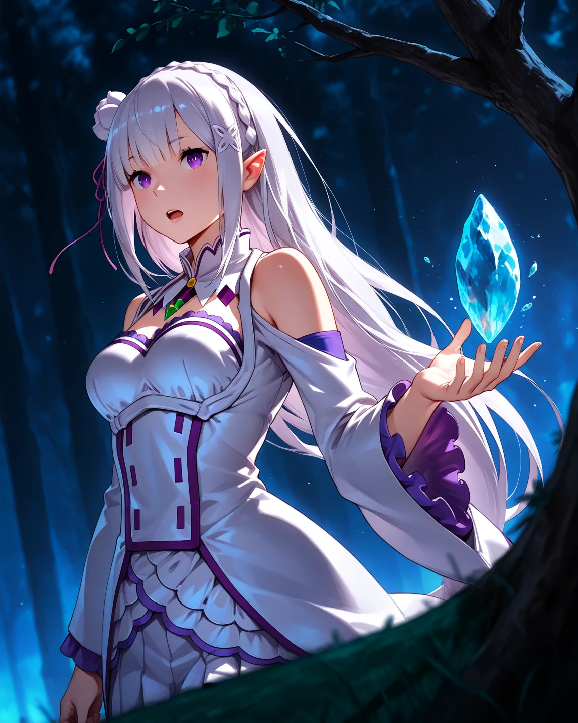 score_9, score_8_up, score_7_up, source_anime,
rezeroemilia, <lora:rezero-emilia-ponyxl-lora-nochekaiser:1>,
emilia, braid, crown braid, flower, hair flower, hair ornament, hair ribbon, long hair, pointy ears, purple eyes, white hair, x hair ornament,
detached collar, detached sleeves, frilled sleeves, frills, long sleeves, miniskirt, pleated skirt, ribbon, skirt, thighhighs, white skirt, white sleeves, white thighhighs, wide sleeves, zettai ryouiki,
outdoors, forest, nature, village, magic, fighting stance, ice, ice magic, open mouth,
looking at viewer, dutch angle, cowboy shot,