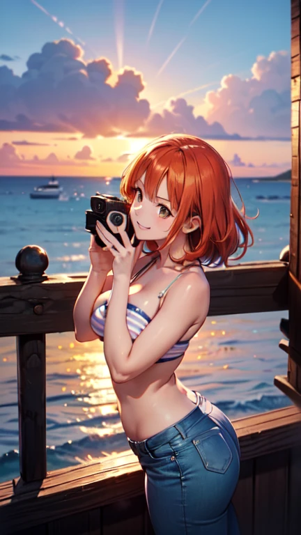1girl, (((​masterpiece))), top-quality, top-quality, High Details, Hirasawa Yui, 1girl, glasses, two yellow hairpin, short hair, A brown-haired, brown-eyed, 独奏, bikini clothes, underwear, bikini, full body, full image, illustratio, comic strip, soothing tones, Subdued Color, Soft cinematic light, adobe lightroom, photolab, HDR, intricately and hyper-detailed、(((depth of fields))))。(((​masterpiece)))。(((top-quality))).)((ultra-detailliert)))。(((illustratio)))。(((takeout))).dynamic focus.big breasts.(((beach))).(((A mountain scape))).(((Face of happiness))). open mouth.(((put hands on the hip))).(((up chest))).((afternoon glow)).((the setting sun)).