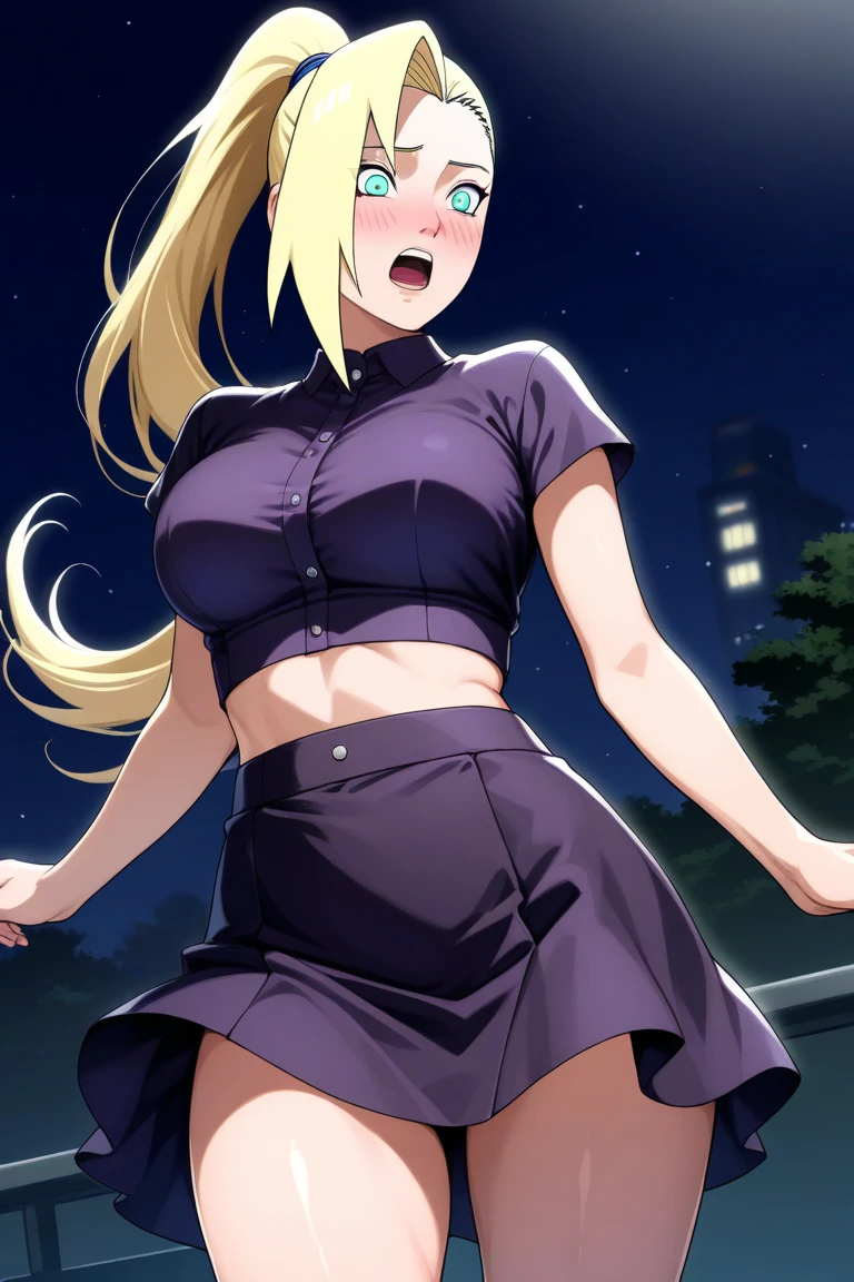 masterpiece, best quality, very aesthetic, absurdres, newest,1girl, ,from below, contempt, disgust,looking at viewer,frown,shaded face,,yamanaka_ino, naruto_(series), naruto_shippuuden,blonde_hair,long_hair, high_ponytail, hair_over_one_eye, blue_eyes, bare_shoulders, purple crop_top, earrings, Fishnet elbow pads, jewelry, large_breasts, midriff, purple skirt, Fishnet stockings,,in subway