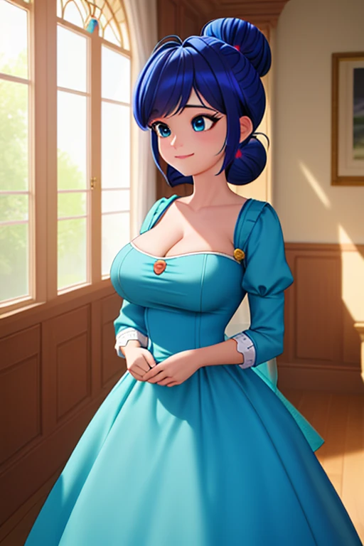 (8k, RAW photo, best quality, masterpiece:1.2), (intricate details), perfect eyes, perfect face, perfect lighting, beautiful, (masterpiece:1.2), (best quality:1.2), 1girl, solo, marinette, blue hair, ((loosen hair)), adult torso, 19 years old, slight smile, huge sized breasts, ( in dress, ), back view