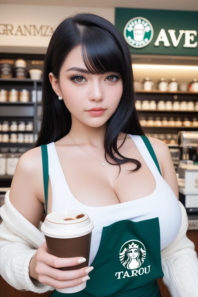 A girl in a Starbucks uniform makes coffee,Wearing a baseball cap on his head,Clothes and skin are soaked all over,(wetclothes:1.8),Reflective skin,Sweaty skin,high high quality、tmasterpiece、Hyper-Resolution、barechested、NAKED Apron、wearing apron、full bodyesbian、