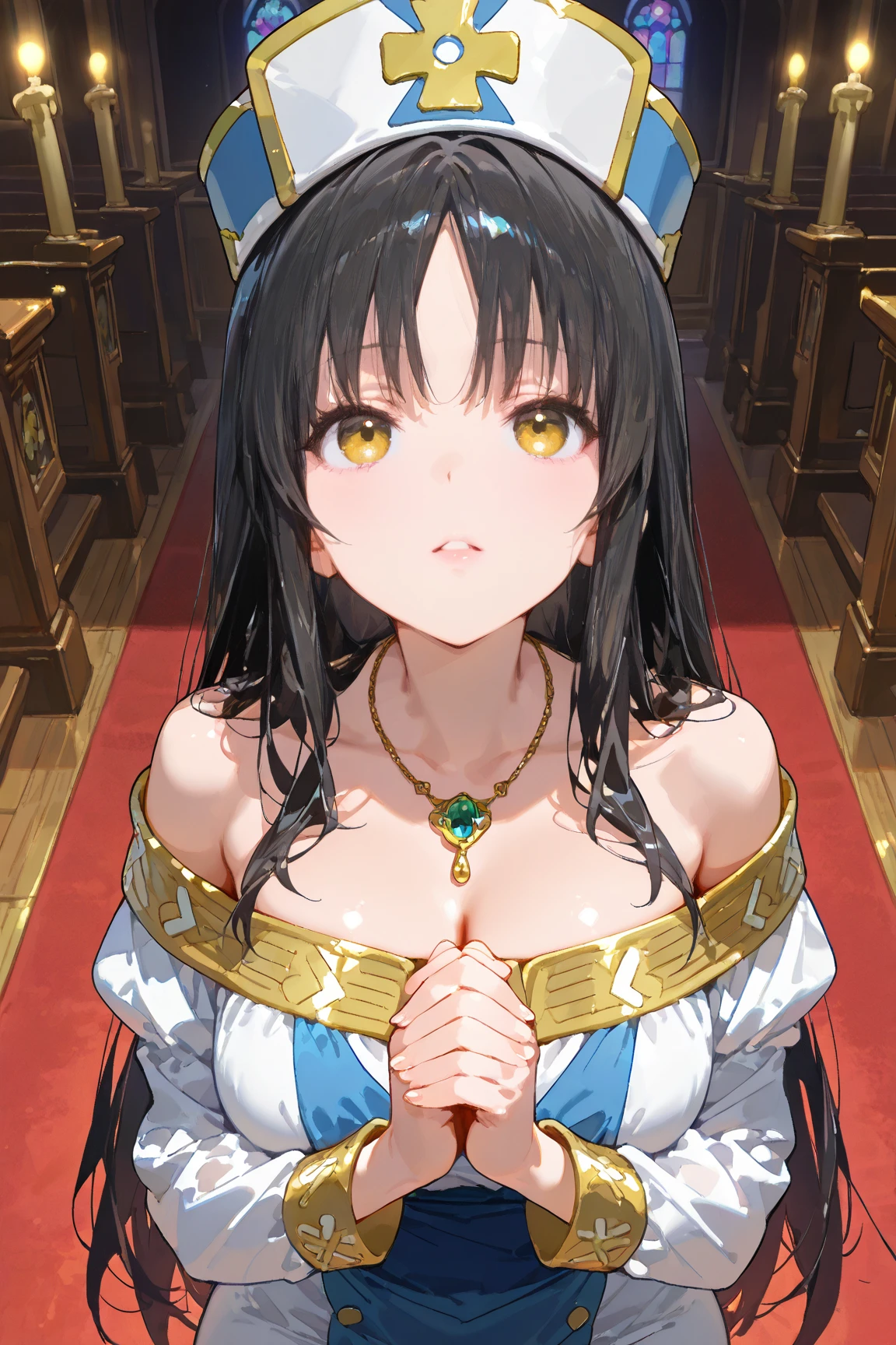 western church chapel,Lots of colorful stained glass,Light shines through stained glass, Creates a fantastic atmosphere inside the chapel.,fluffy hair,Gorgeous black and white two-tone hair,Iridescent light,Monastic robe with wide open shoulders and chest,abbey,priest's clothes,Colorful tattoo of large cross and Virgin Mary statue on visible shoulder and chest,Slightly red tide,Prayer Pose,Angel Ladder,Staring at me intently,Hypnotized,Teary-eyed,Blurred eyes,Surrounded by multiple men,SEX,AHE Face,Open Mouth and Tongue Sticking Out,Crawling on all fours with the buttocks sticking out,insertion,My body trembles with pleasure,My head is grabbed and my hair is pulled,looking upwards