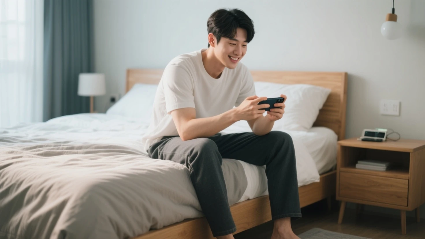In night 29 year old Indonesian male on living room home watching tablet in afternoon only wear jeans pants after from office