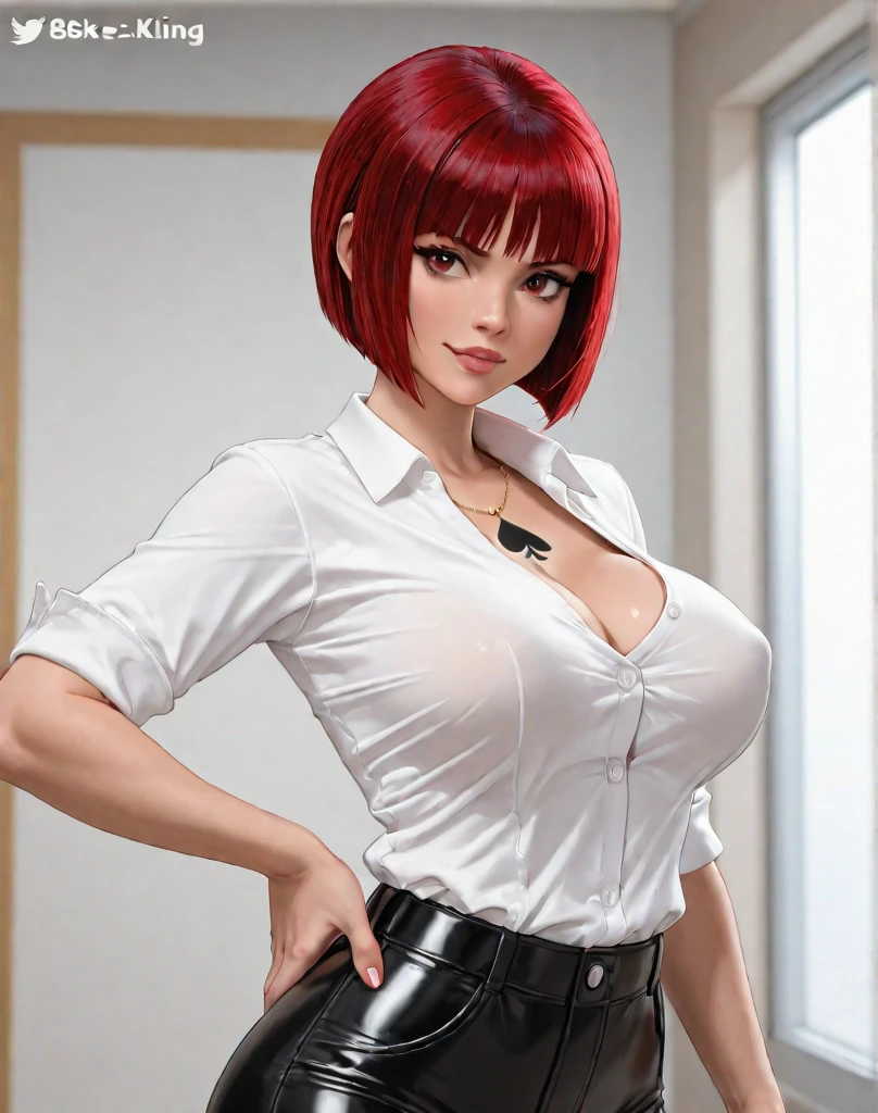 (woman in her 20s, (Korean), (perfect face), defined jawline, beautiful lips, (beautiful bright red eyes), (short black bob haircut, straight bangs), (athletic body), (sexy), (perfect hands), (red blazer, shirtless:1.2), (cleavage), (black leather pants:1.2), (sitting on a sofa, relaxed, seductive), warm lighting, looking at viewer, (medium shot photograph), (dark gangster club background), photorealistic)