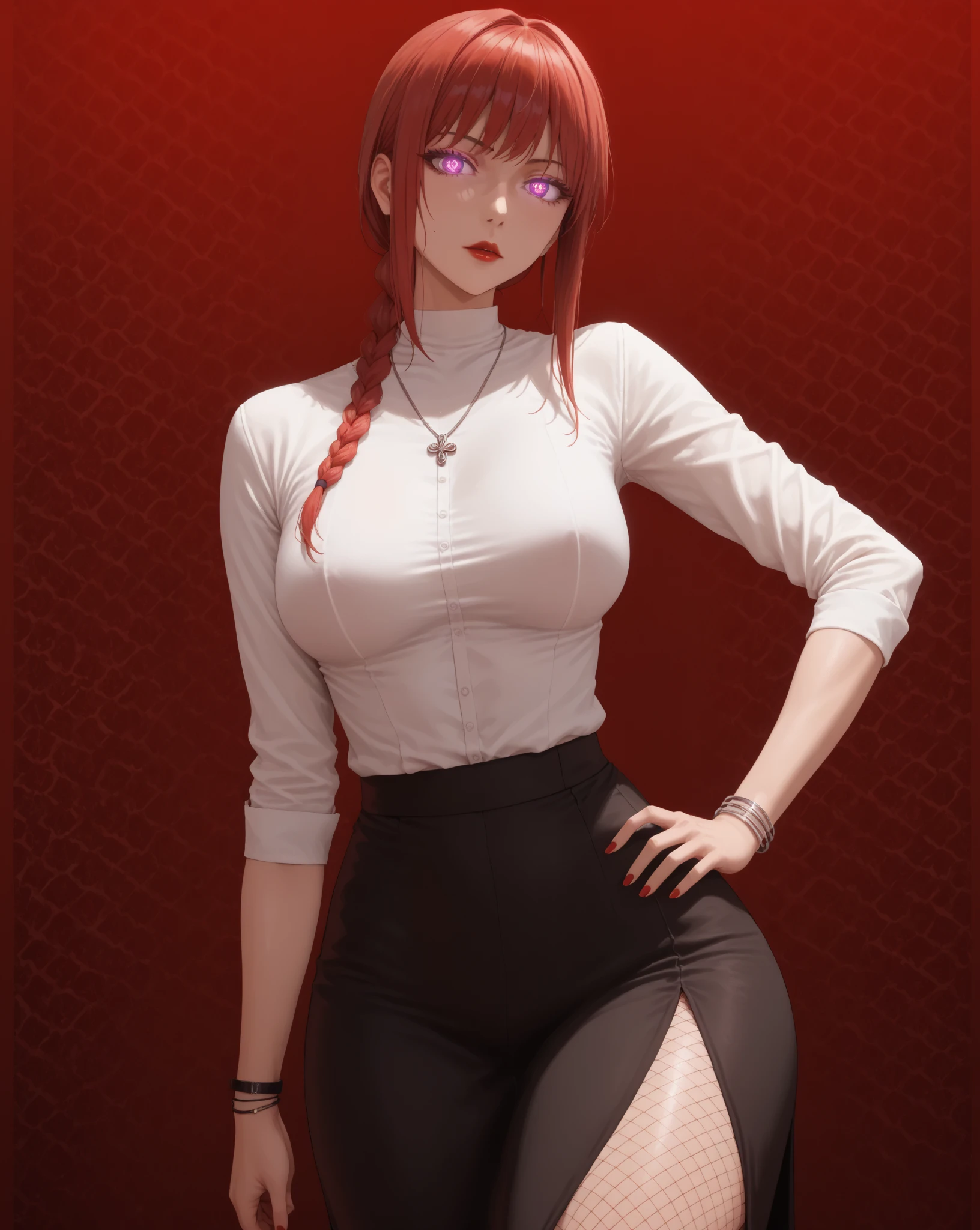 A 16-year-old girl with long red hair, heterochromatic eyes, Pale skin, Flat chest, Wear a black dress with a crisp pink shirt, With a more elegant and refined touch, Something that matches her mysterious and strong personality. Overall, Her appearance will be eye-catching, Attract curious and curious eyes, flatchest, Cinematic lighting, color difference, back lit lighting, Masterpiece, High details, High quality, 4K.