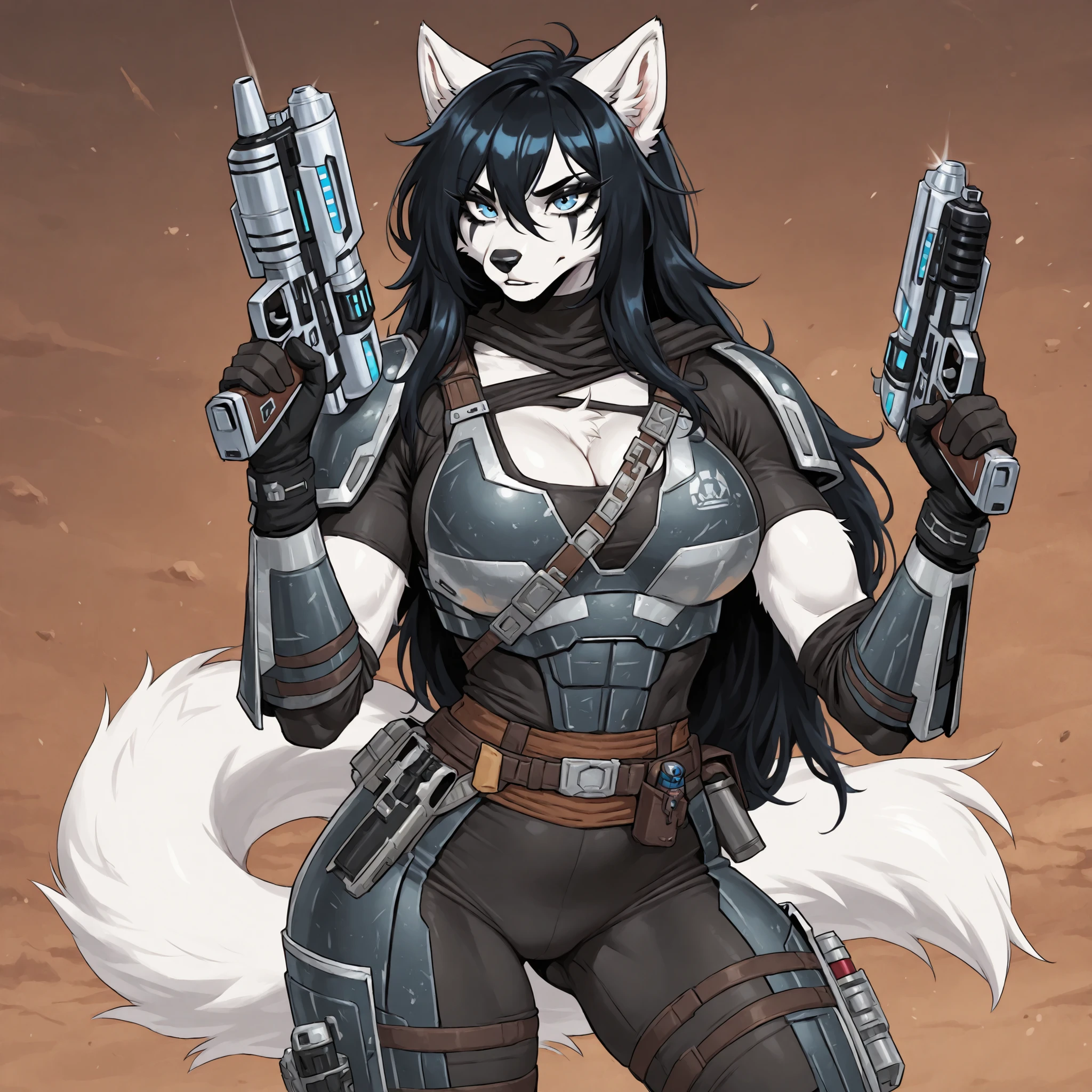 Source_furry, (((1girl))), furry, anthro, white fur wolf, star wars, bounty hunter, cleavage, long black messy spiky black hair, blue eyes, bounty hunter armor, mandalorian armor, black eye shadow, black eyeliner, blaster pistol in hand, tall, curvy body, athletic build
