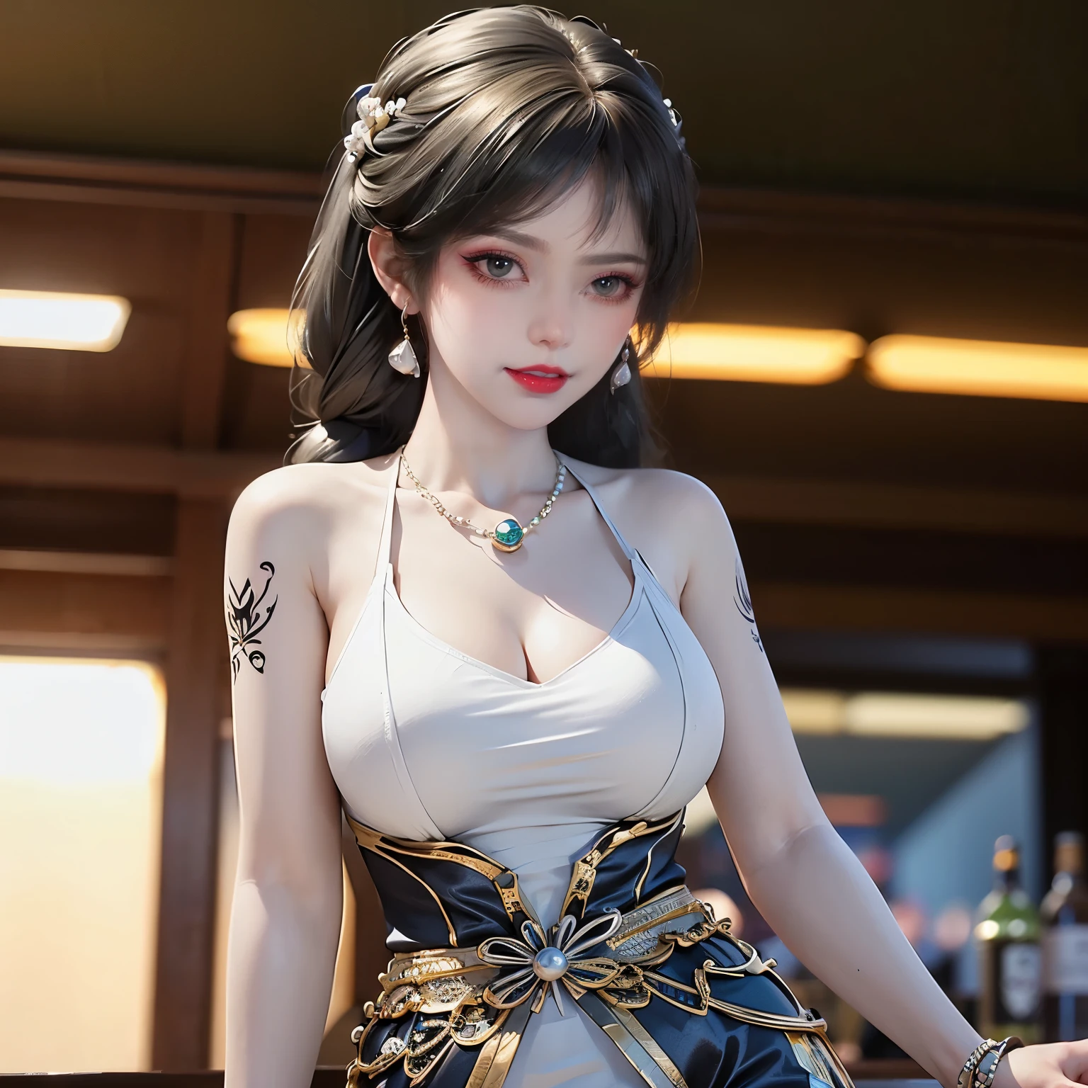 (quality、masterpiece、ultra high resolution、Realism:1.4)、RAW photos、solo、beautiful woman、((feminine shirt、black tie:1.4))、((green apron:1.2))、((Women's long skirt:1.2))、((Beautiful and detailed face、A black-haired one、bun))、round glasses、Glowing and radiant skin、get wet、Dramatic Writing、Whole BodyEsbian、a smile (超级huge山雀: 1.75),(Plum:1.2)、(Covered in sweat、huge、Thick thighs、long legs:1.1)、beautiful eyes、long eyelashes,couay、Lots of bookshelves