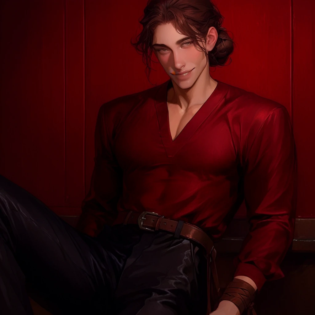Codename Iris Liu Zheng character: male red clothes, long hair and curly hair, toned body, young boy, handsome