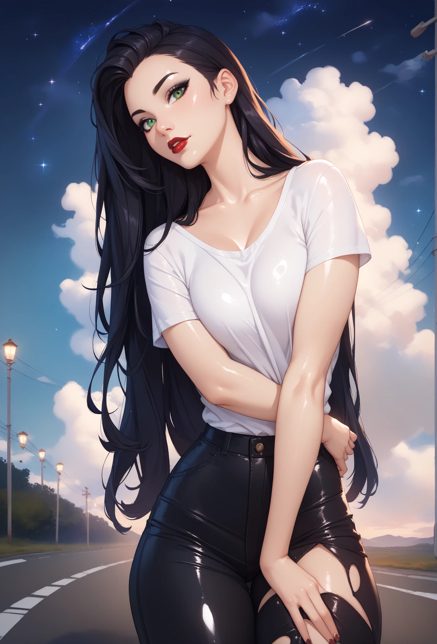 (((Best Quality))), (((Masterpiece))), (((Realistic))) slender, cute girl with long black hair with one white strand and vibrant hazel eyes. (((She wears only))) a tight black panties and sport bra with high-tech boots