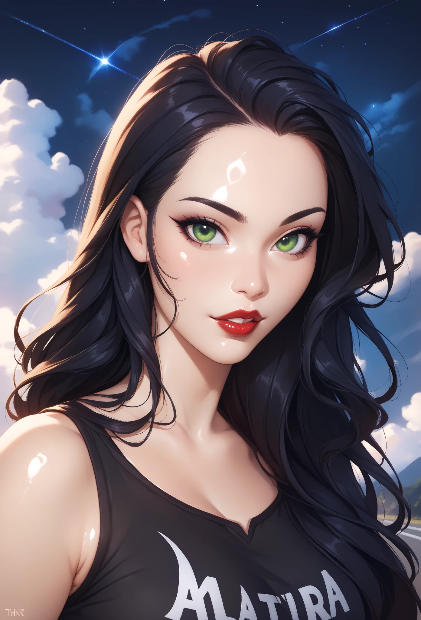 Elara Moonshadow is a young mage of approximately 25 years old, Known for her mysterious beauty and sharp intelligence. She has long black hair like night, that fall in soft waves up to the waist. Your eyes are a deep, intense green, capable of conveying both calm serenity and fierce determination.