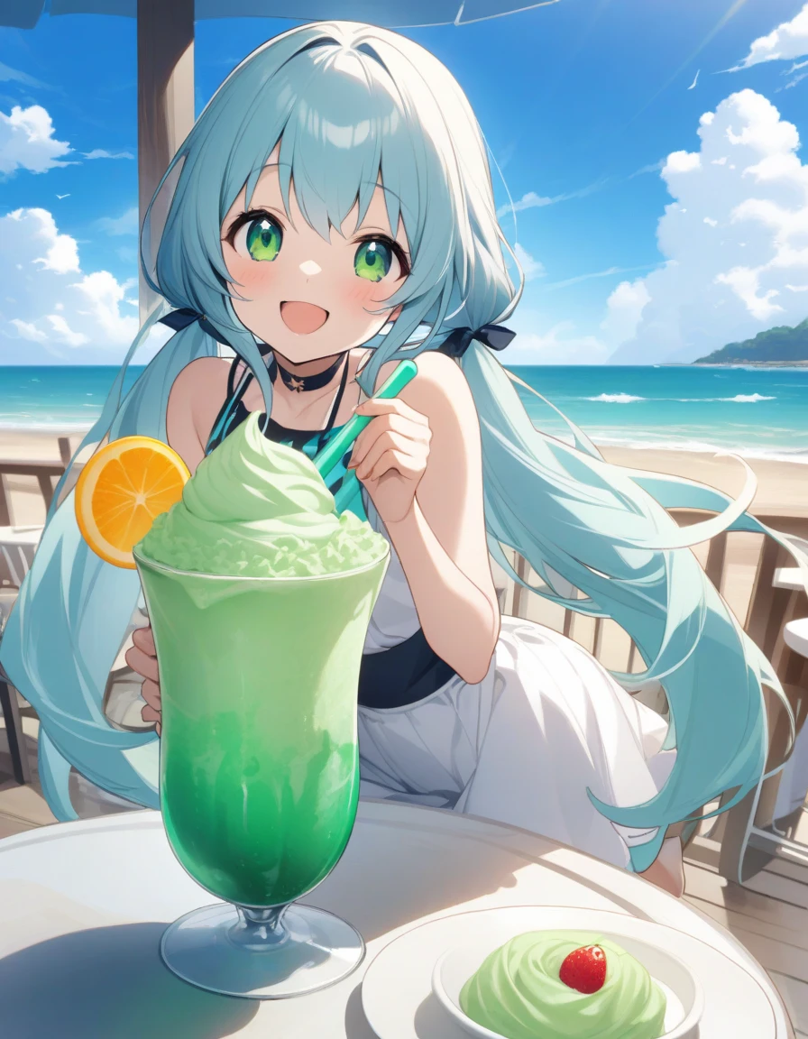 vanilla, ice cream, melt, big boob, wet shirt, see through, bikini, flower, sweaty, cute face, small face, summer, long hair, green hair, girl, sweaty, blue ocean, blue sky