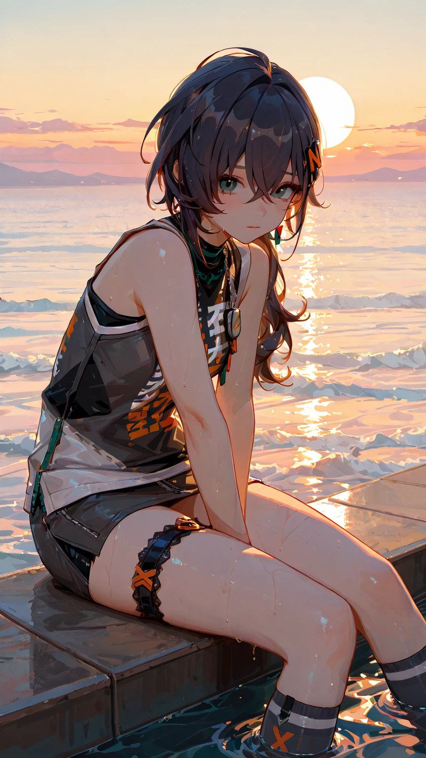 full body, solo, alone, delicate facial features, medium tits, medium hair, black hair, tearful mole, earring, t-shirt, crop top, off-shoulder, Hot Pants, beach,