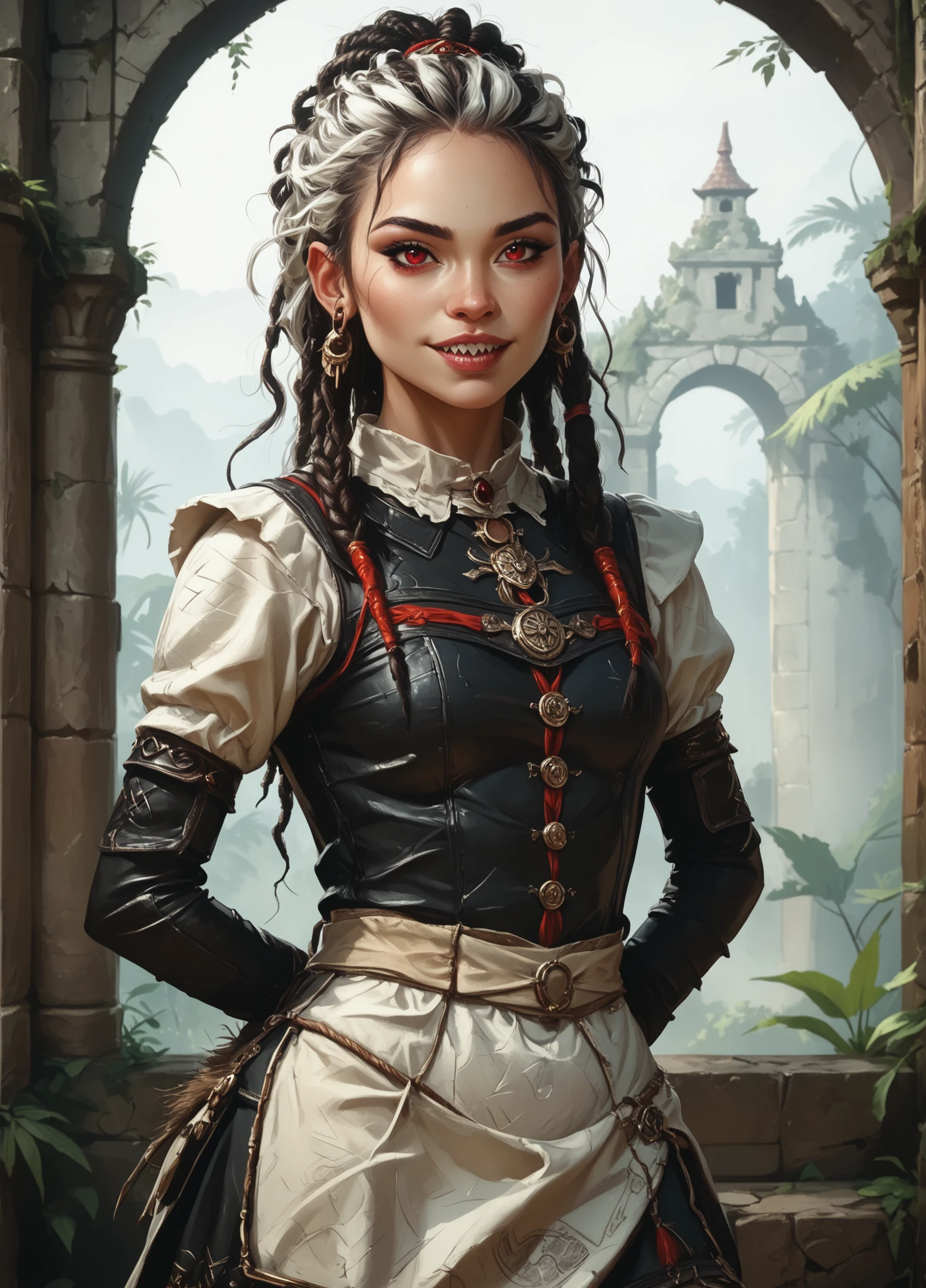 Slender body. White skin. Cute 18-year-old Asian-Aztec girl with Asian red eyes and unnaturally sharp teeth and dreadlocks with white highlights. She has a cute and beautiful face. She has a round and young face with a pointy chin. Her body is athletic with abs. She wears an intricate medieval leather maid dress. Background: medieval jungle ruins. Realistic lighting. DnD art-style. fake box art, semi-realistic, Looking at the viewer. 