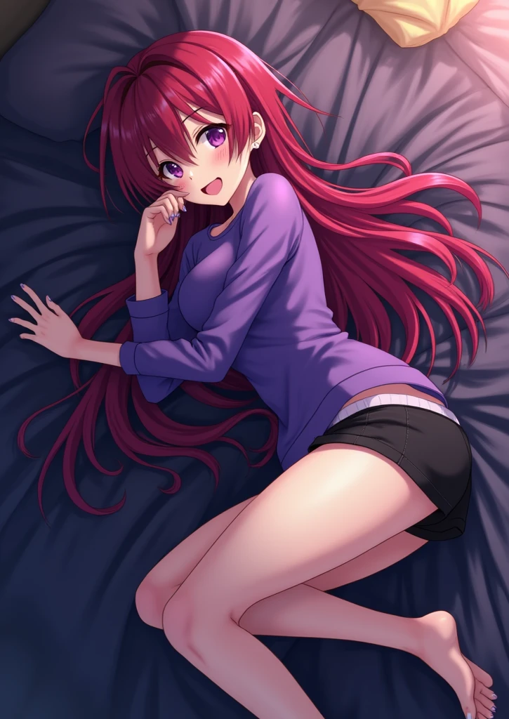 (masterpiece, best quality, high quality, highres, ultra-detailed), 1girl, solo, 
<lora:elfen lied nyuu-lora-nochekaiser:0.9> nyuu, long hair, red eyes, pink hair, horns, shorts, tank top, green shorts, white tank top,
on bed, lying, on side, fetal position, half-closed eyes, closed mouth, light smile, sleepy, looking at viewer, 
darkness, night, indoors, bedroom, pillow, blanket,