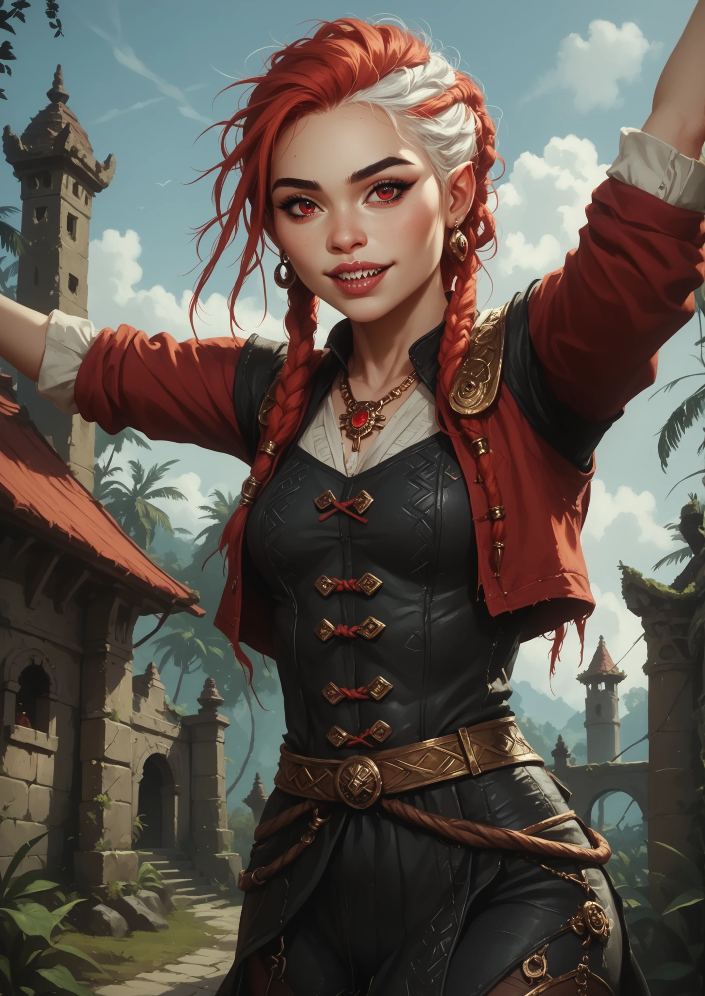 Slender body. White skin. Cute 18-year-old Asian-Aztec girl with Asian red eyes and unnaturally sharp teeth and dreadlocks with white highlights. She has a cute and beautiful face. She has a round and young face with a pointy chin. Her body is athletic with abs. She wears an intricate medieval leather vest and pants. Background: medieval jungle ruins. Realistic lighting. DnD art-style. fake box art, semi-realistic, Looking at the viewer.